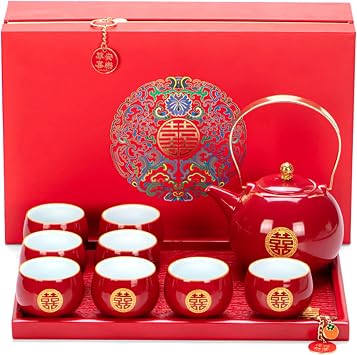 Chinese Traditional Wedding Tea Set,Red Ceramic Double Happiness KungFu Tea Set 1 Teapot 8 Teacups 1 Square Tea Tray 1 Gift box For Married Couples To Toast Engagement Dowry