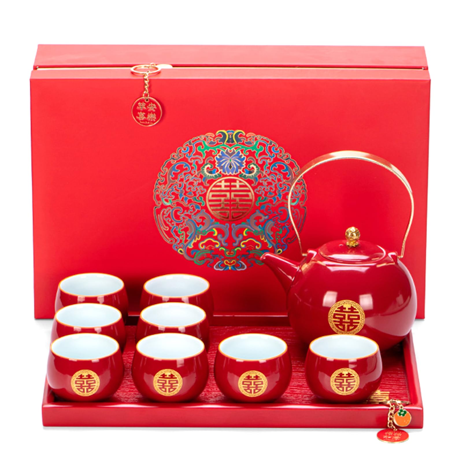 SyLabY Chinese Traditional Wedding Tea Set，Red Ceramic Double Happiness KungFu Tea Set 1 Teapot 8 Teacups 1 Square Tea Tray 1 Gift box For Married Couples To Toast Engagement Dowry