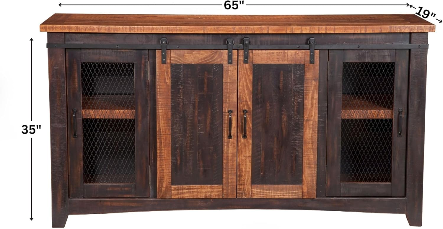 Martin Svensson Home 65" Solid Pine Wood Entertainment Center with Storage. Rustic TV Stand for TVs up to 70." Sliding Doors, Adjustable Shelves & Cable Management – Black and Honey Finish