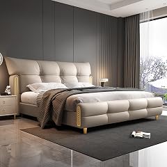 King Size Genuine Leather Wood Bed Upholstered Platform Bed Frame with Wingback Headboard and Storage Drawers Wooden Slats