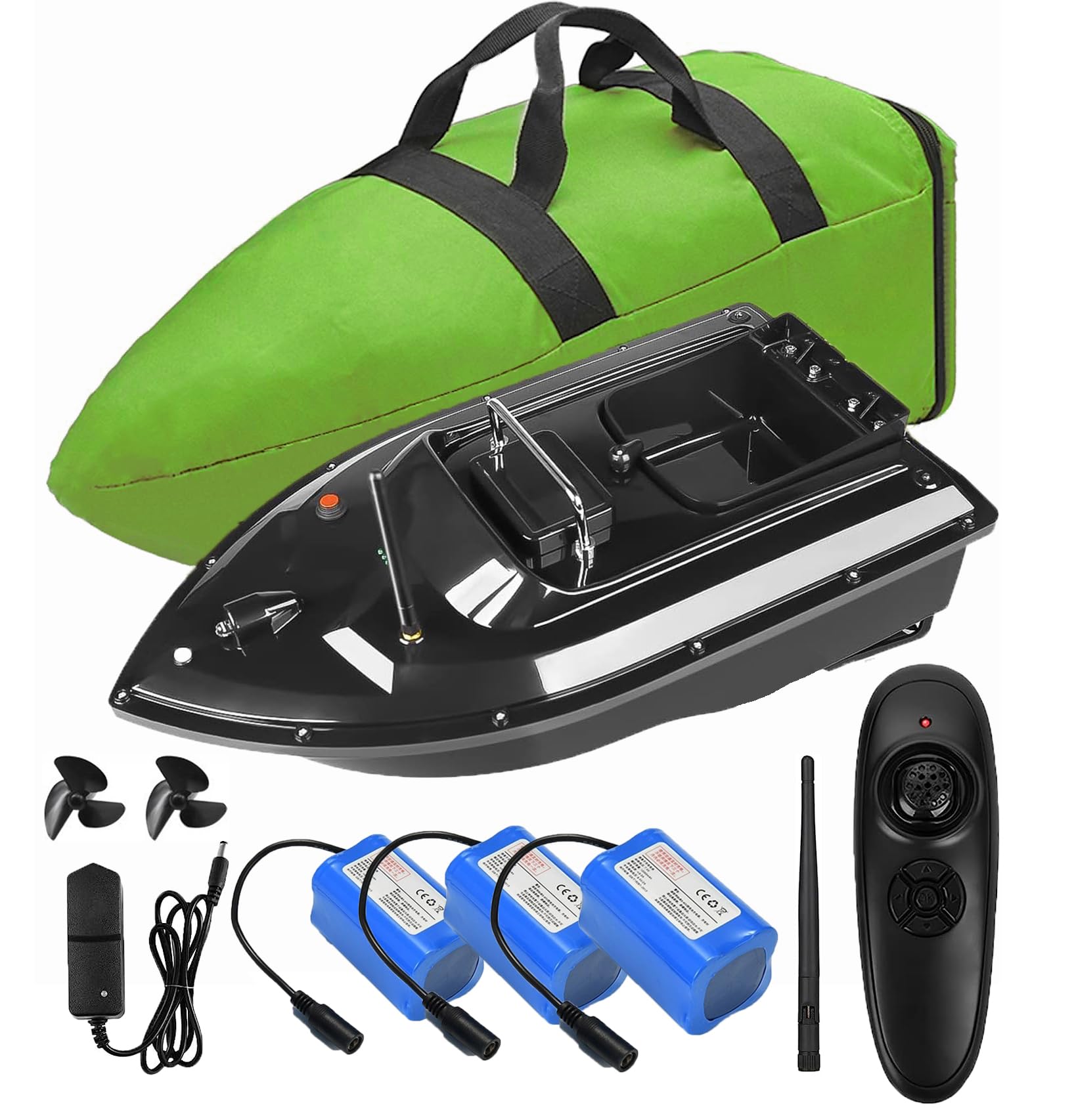 Bait Boat,12000mah Large capacity batteries Fishing Bait Boat ,500m Remote control,1.5kg Loading Hopper,wind and wave resistant,with Handbag. Give antennas, propellers, and other small gifts.bait boat