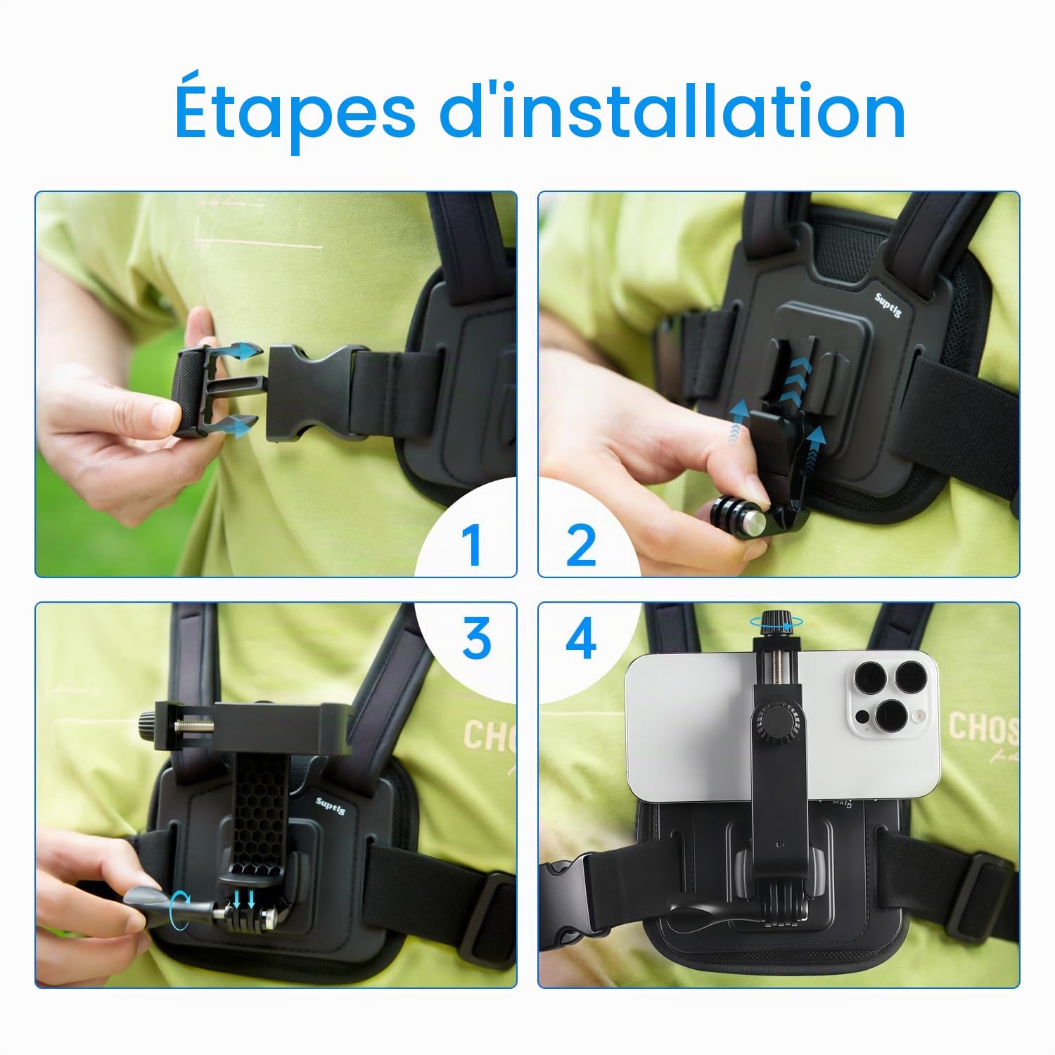 Suptig Harnais de téléphone compatible avec iPhone, Samsung, GoPro, DJI Action, téléphones portables, caméras d'action POV/VLOG