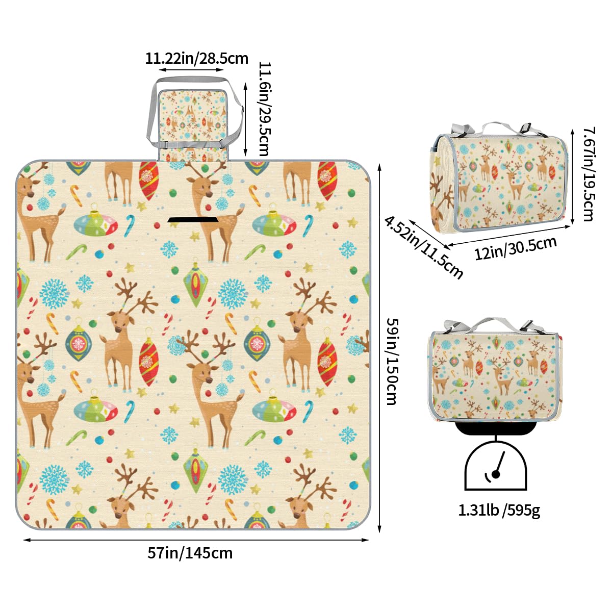 Shimoshe Picnic Blankets 57”x 59”, Christmas Elk Snowflakes Waterproof Sandproof Picnic Mat Lightweight Foldable Beach Blanket for Camping Park Grass Beach Outdoor Blanket