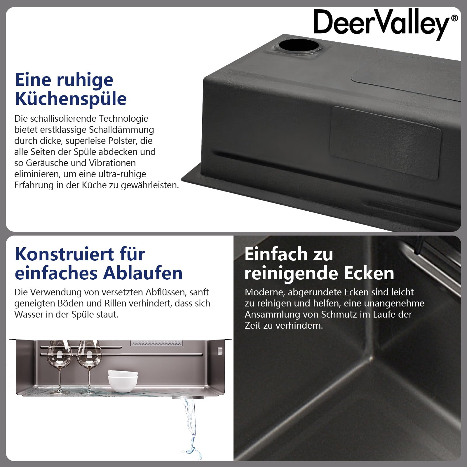 DeerValley Waschbecken Küche Schwarzgrau Edelstahl Küchenspüle mit Ausziehbarem Wasserhahn und Raindance Wasserfall-Spülbecken, Großes Spülbecken (74.9 cm L x 45.7 cm) mit Becherreinigungsfunktion