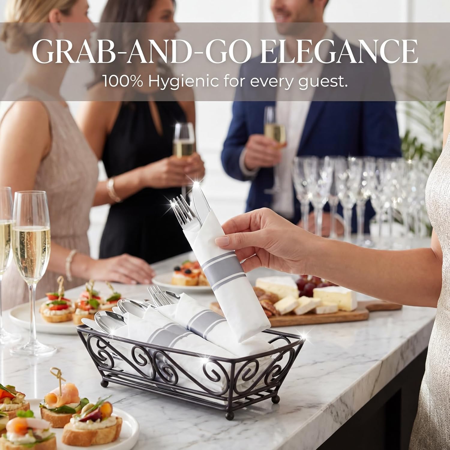 Liacere 100 Pack Silver Plastic Silverware-Pre Wrapped cutlery and Napkin-Pre Rolled Silverware Disposable 100 Forks, 100 Knives 100 Spoons, 100 Napkins Plastic Utensils＆Christmas＆New Year