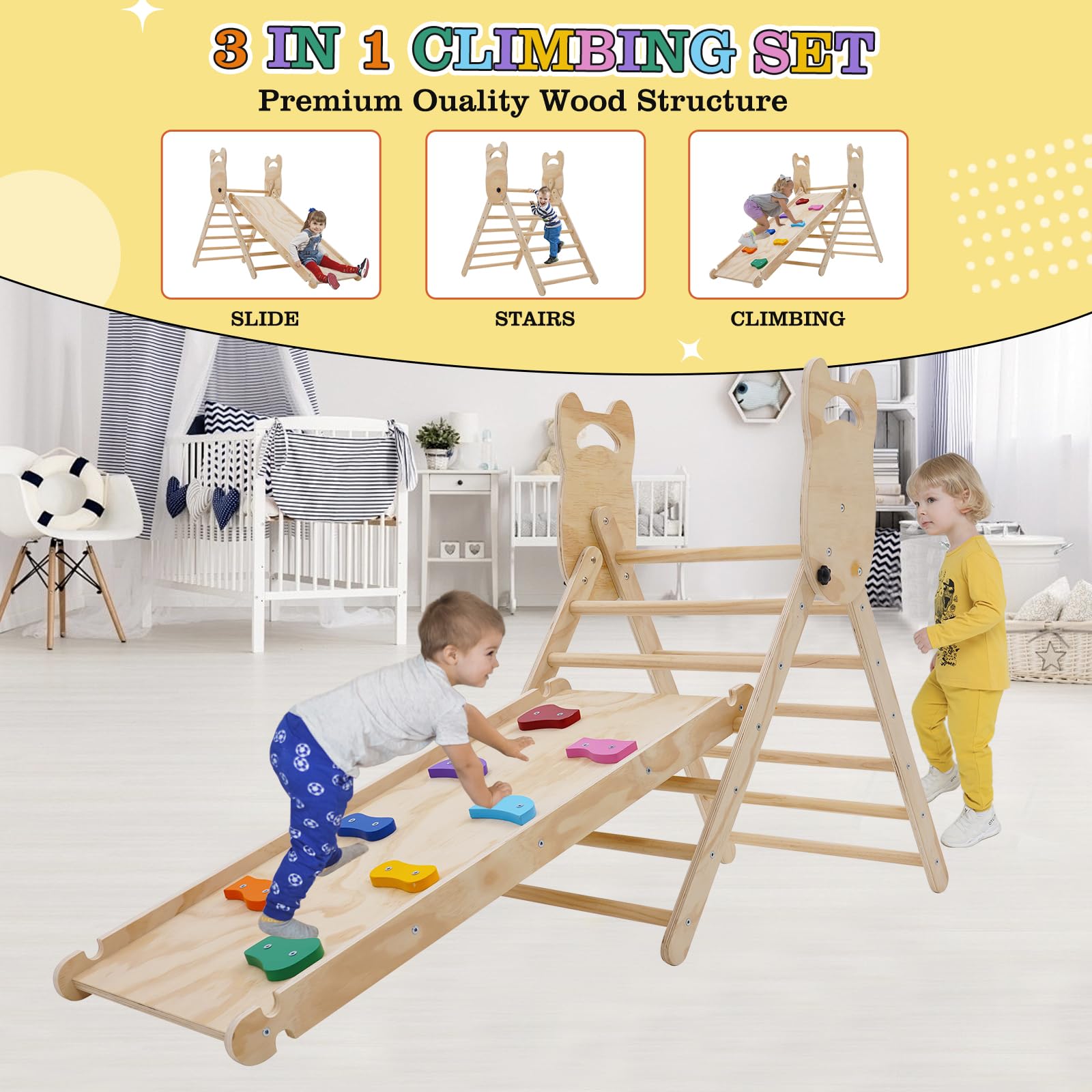 Triangolo Di Pikler Montessoriano 3 In 1 - Con Scivolo Per Arrampicata Bambini - Foto 6