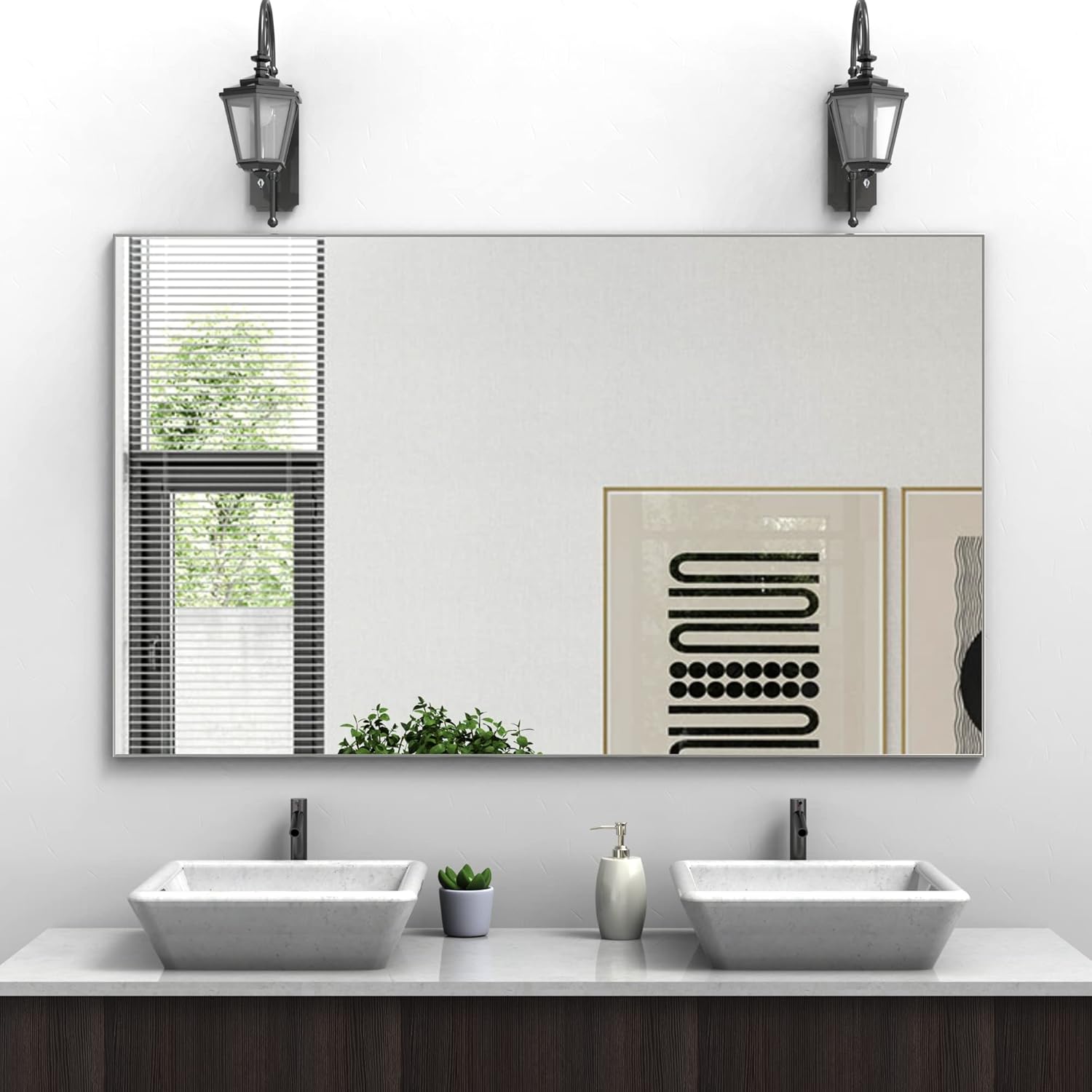 WONSTART Big Modern Bathroom Wall Mirror for Over Sink, 50" x 30" Aluminum Frame Rectangle Wall Mirror Hangs Horizontal or Vertical for Bedroom Bathroom, Non-Rusting