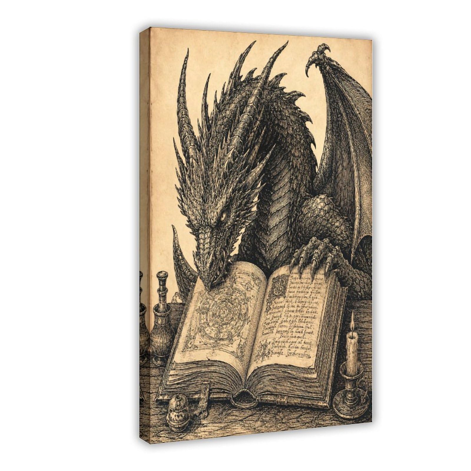 H3b8u2y5 Frame-Style-20 Dragon Reading Book Canvas Wall Art, Fantasy Creature Surrealist