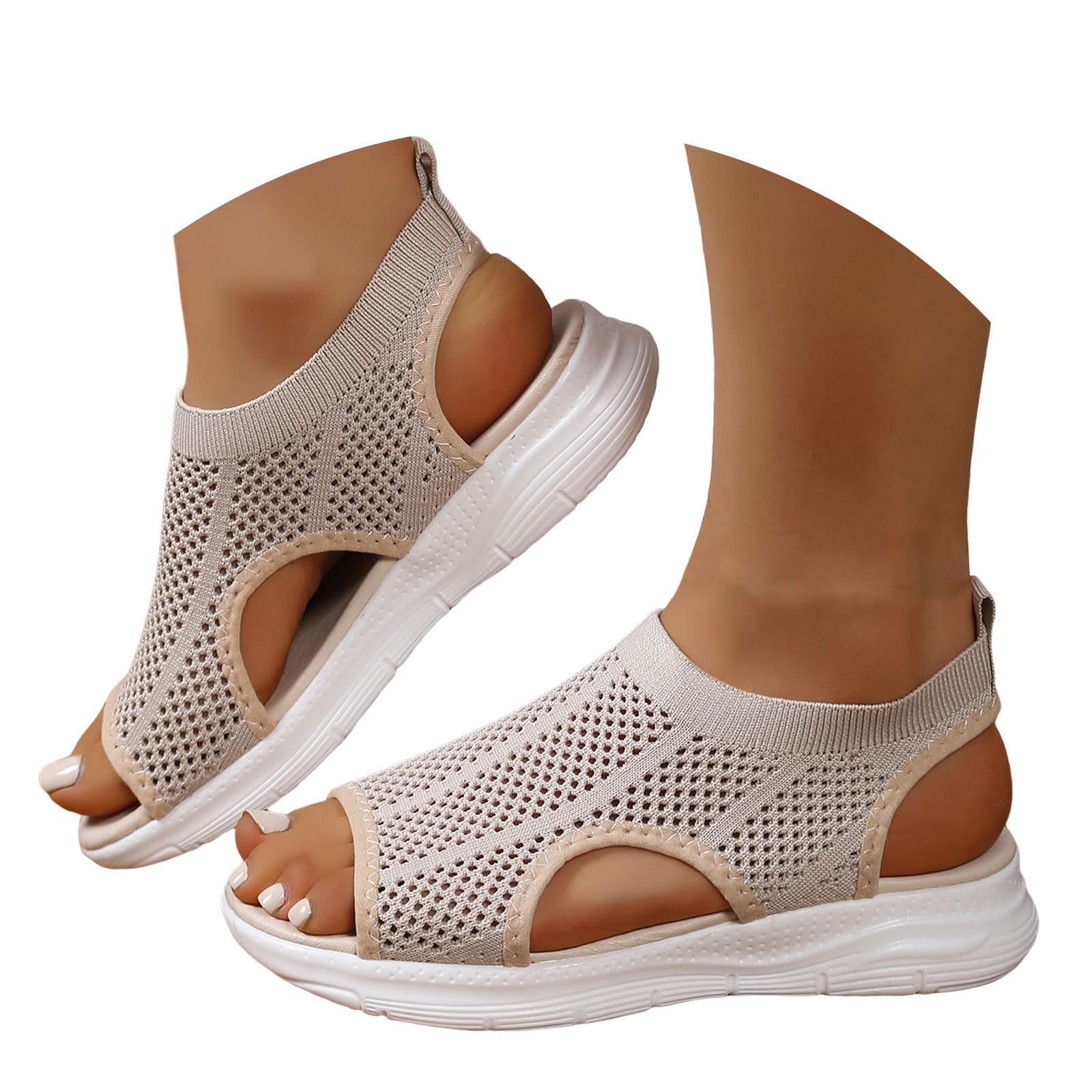 Sandalias deportivas para caminar para mujer, transpirables, de punto, de malla, puntera abierta, ligera, suela gruesa, casual, para verano, al aire libre, compras, playa, cómodas y deportivas, Caqui