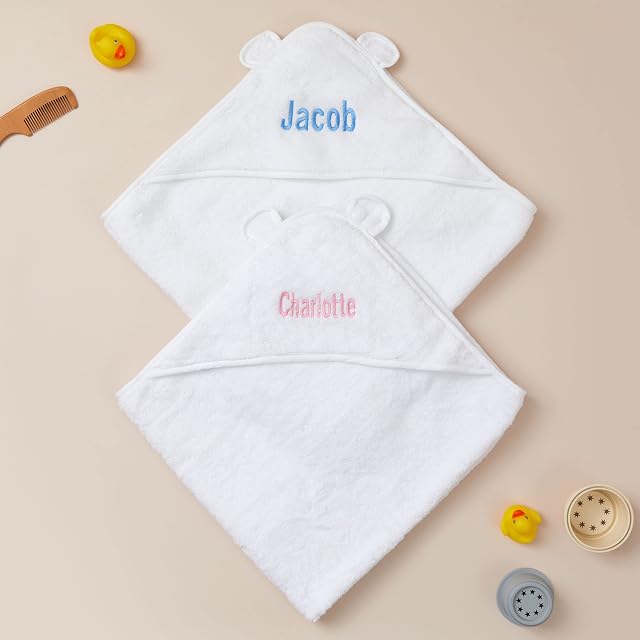 Personalised Baby Hooded Towel Newborn - White Newborn Baby Towel with Teddy Ears Hood Newborn Baby Gift Towels with Hood Large Soft New Baby Gift Girl Boy Pink or Blue Cotton