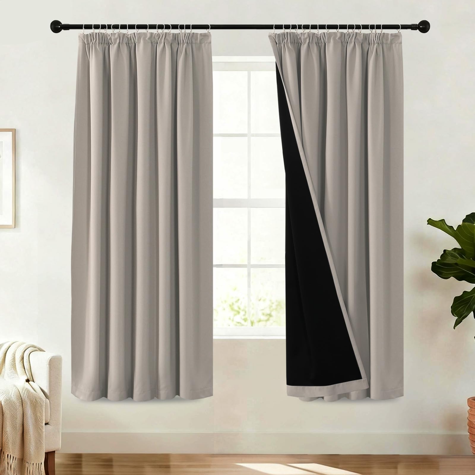 BellaHills 100% Blackout Curtains for Bedroom Thermal Insulated Curtains & Drapes for Living Room Black out Window Curtain with Hooks Pencil Pleat Back Tab Rod Pocket 2 Panels, W66 X L72, Natural Sand — image 1