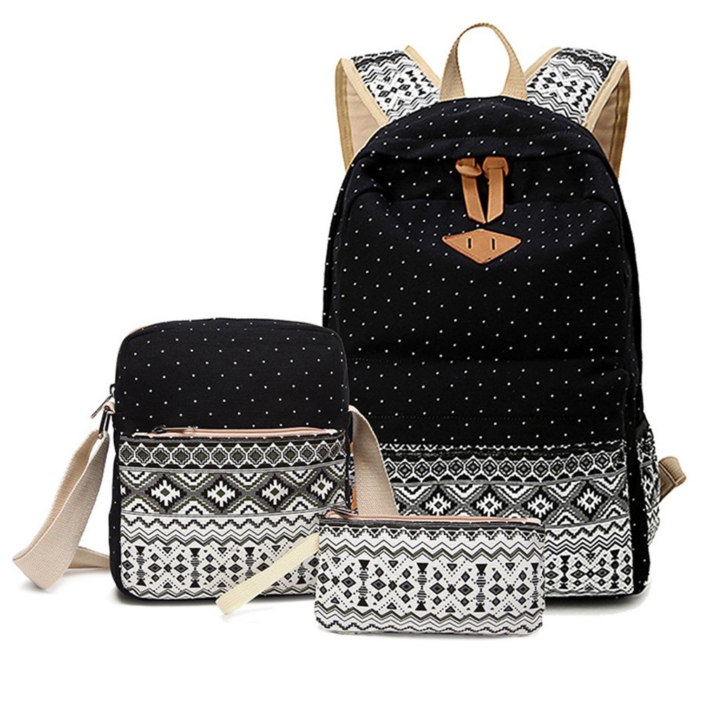 Mochilas Escolares Lona Mujer Mochila Escolar Bolsa Casual para Backpack Chicas Bolsa De Hombro Mensajero Billetera Negro