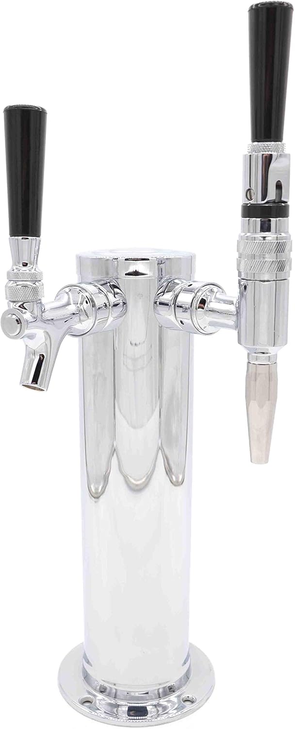 K&B Double Faucet Draft Beer Kegerator Tower 3" - Customizable (1 Nitro Stout Faucet & 1 Chrome Faucet, Standard Black Plastic Tap Handle)