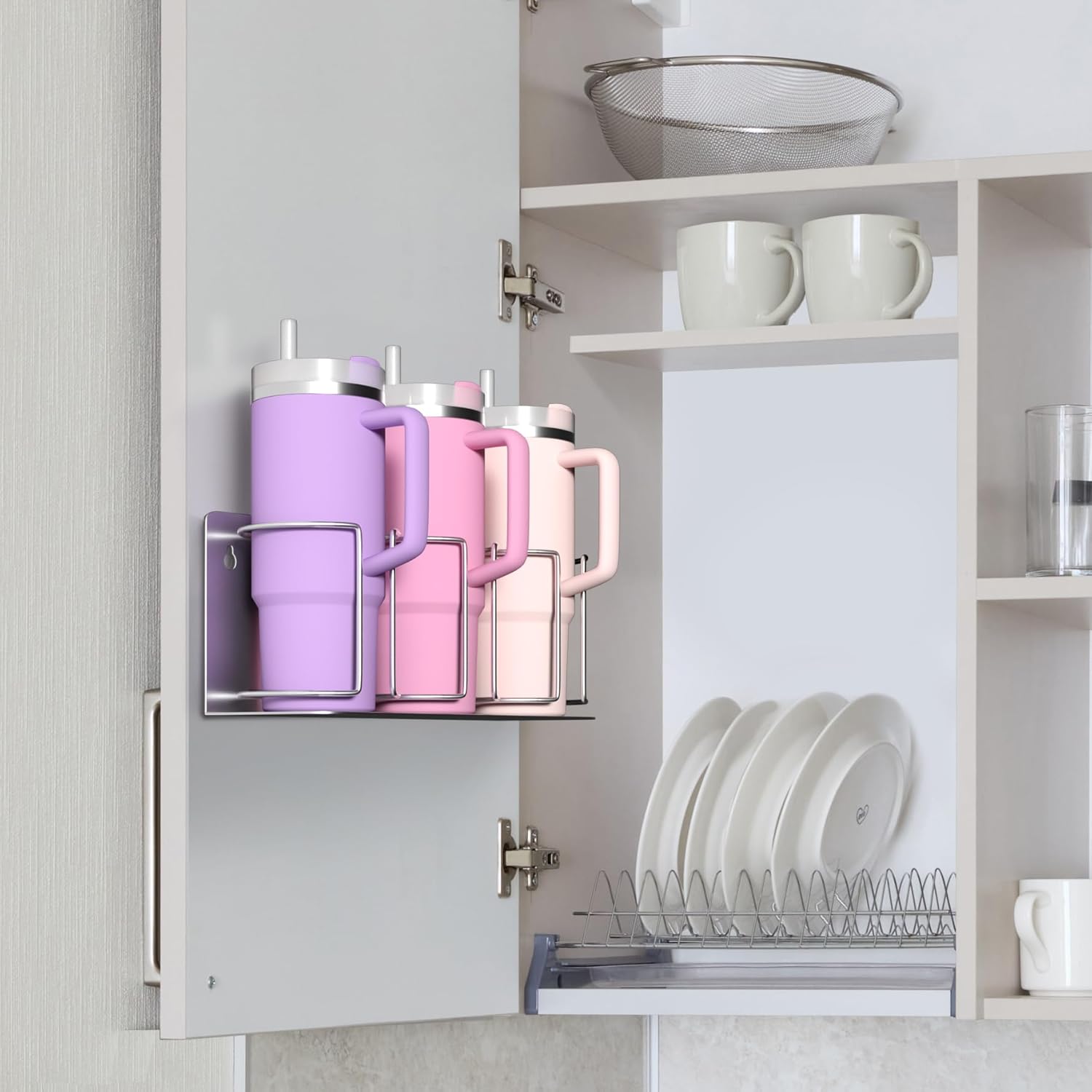 Sorbus Stanley Cup Organizer – 3-Cup Holder for Cabinet, Fridge, or Wall – Magnetic or Screw Mount – Stanley Storage Organizer for 20oz 30oz 40oz Cups, Tumblers, and Water Bottles (Silver 2-Pack) - Image 3