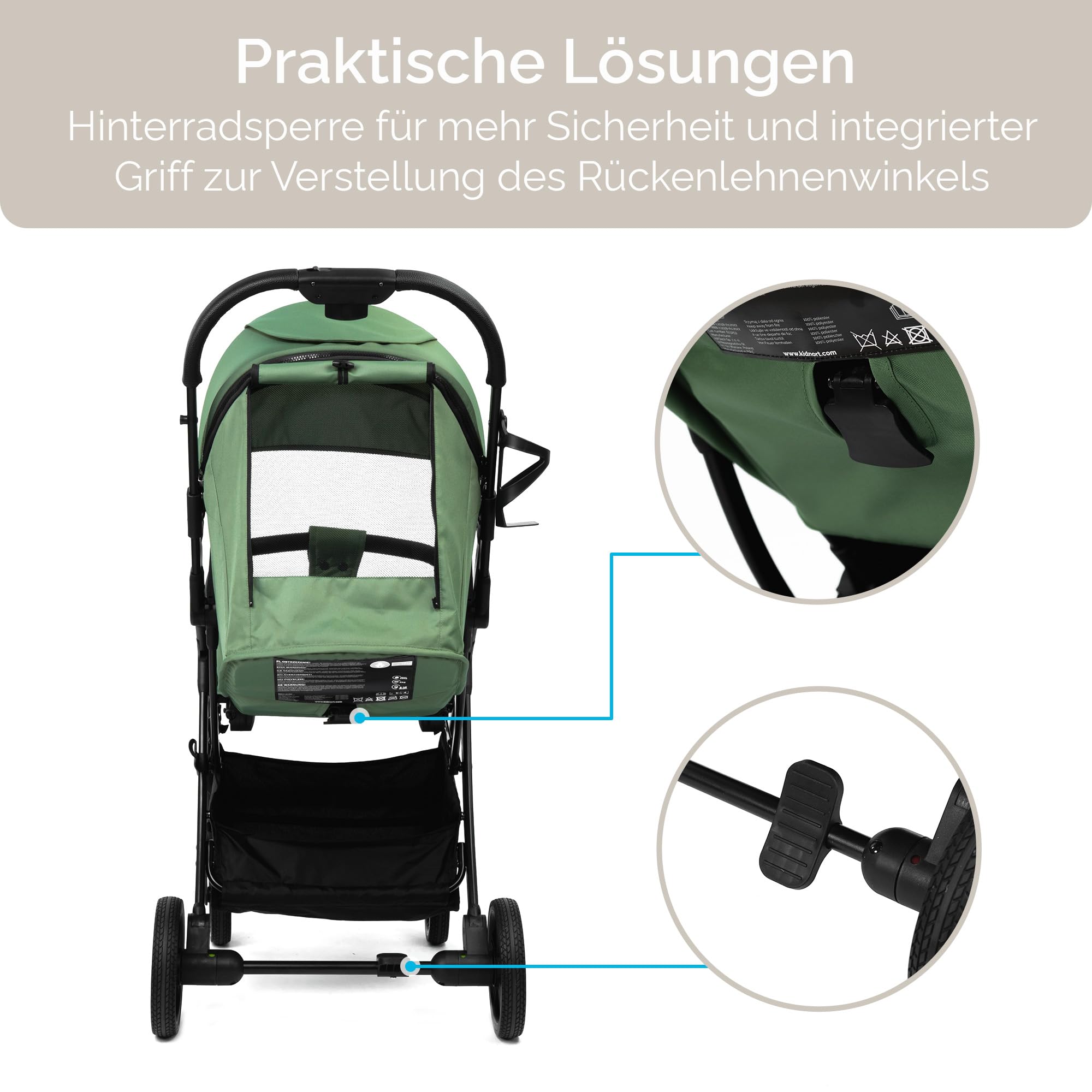 Fjällräv Buggy leicht faltbar ab Geburt bis 22 kg mit Liegefunktion, 5-Punkt-Gurt, verstellbarer Rückenlehne und Fußstütze, Belüftungsfenster, Zubehörset Grün
