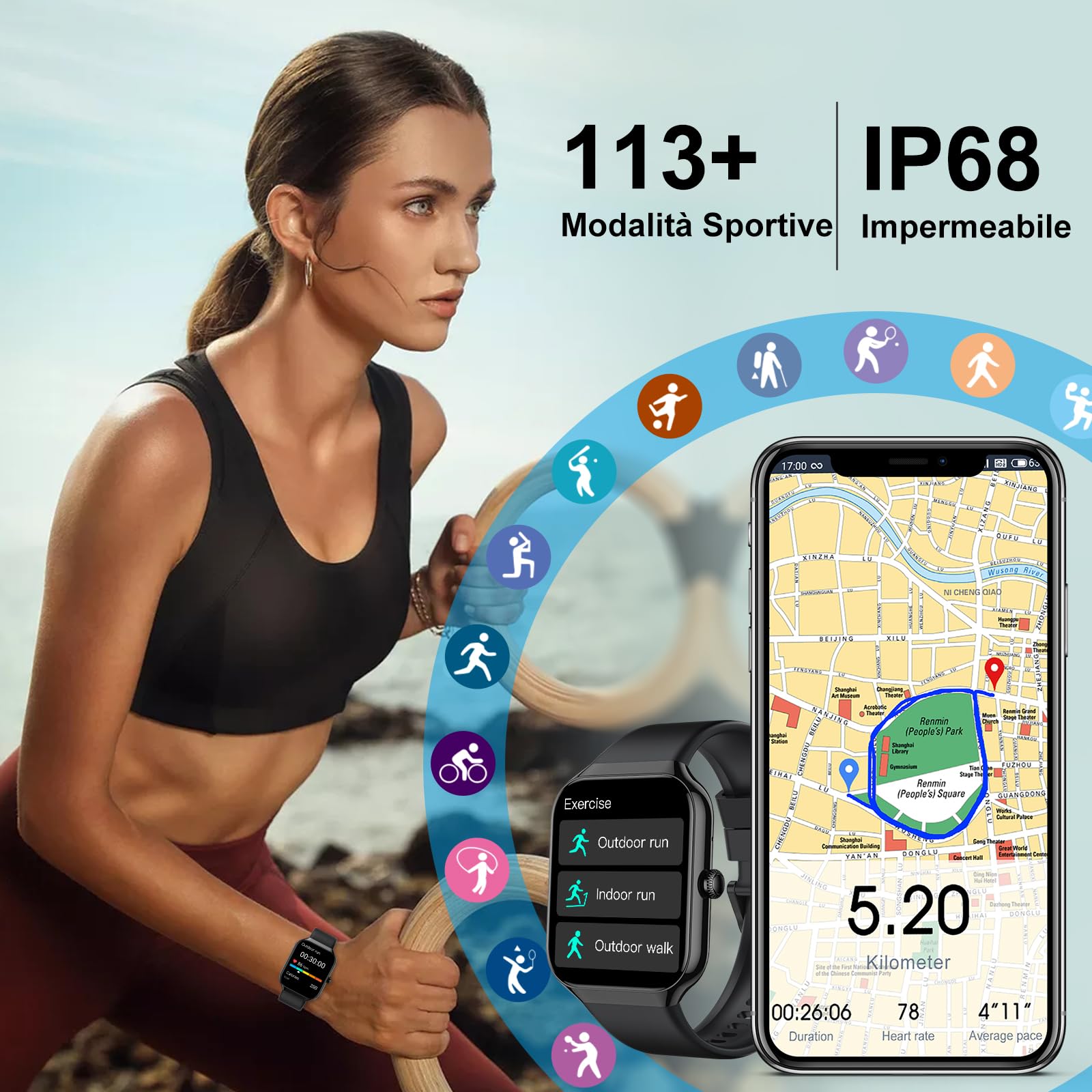 Smartwatch Herren Damen, 1.96" Fitnessuhr Herzfrequenz Schlafmonitor Schrittzähler Uhr Smart Watch, Bluetooth Anrufe, 113+Sportmodi Sportuhr, IP68 Wasserdicht Fitness Tracker für iOS Android Schwarz