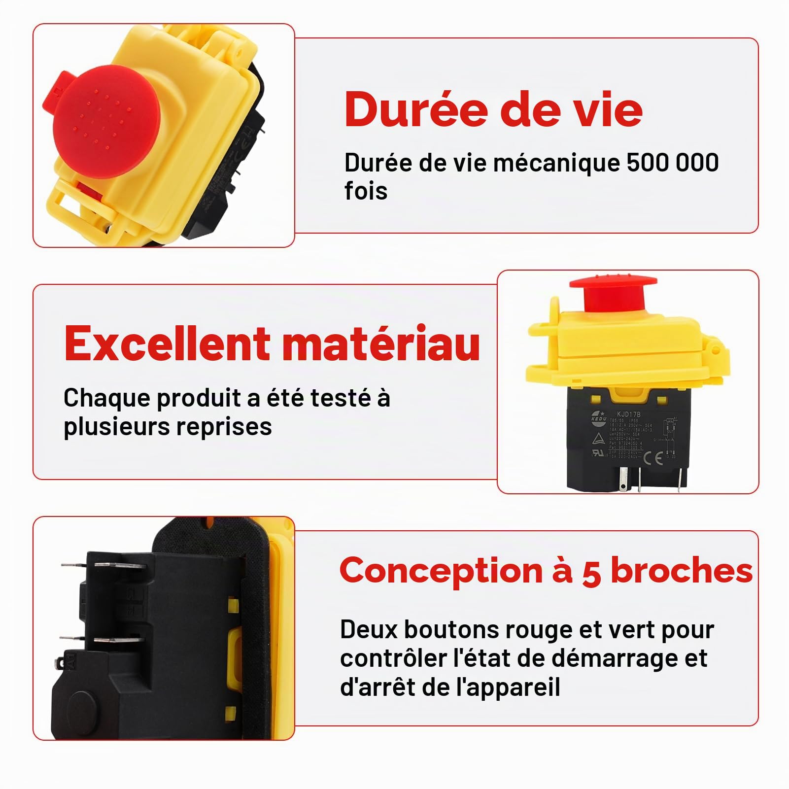 Interrupteur de sécurité pour machine KJD17B 5 broches 250 V 16 A Interrupteur électromagnétique pour machine Interrupteur à bouton-poussoir IP55 Interrupteur étanche Interrupteur encastrable