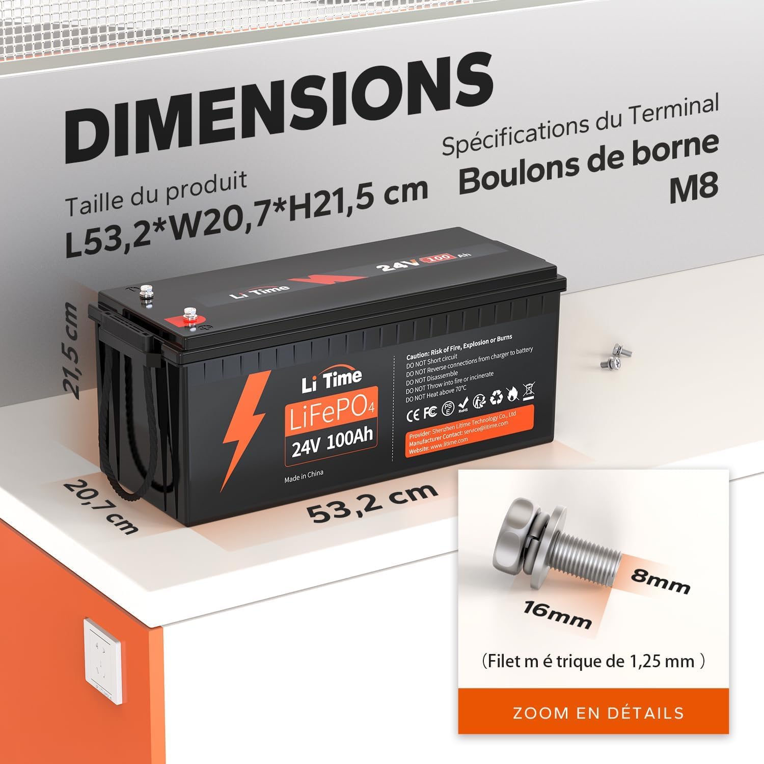 LiTime Batterie Lithium 24V 100Ah Décharge Profonde pour Panneau Solaire