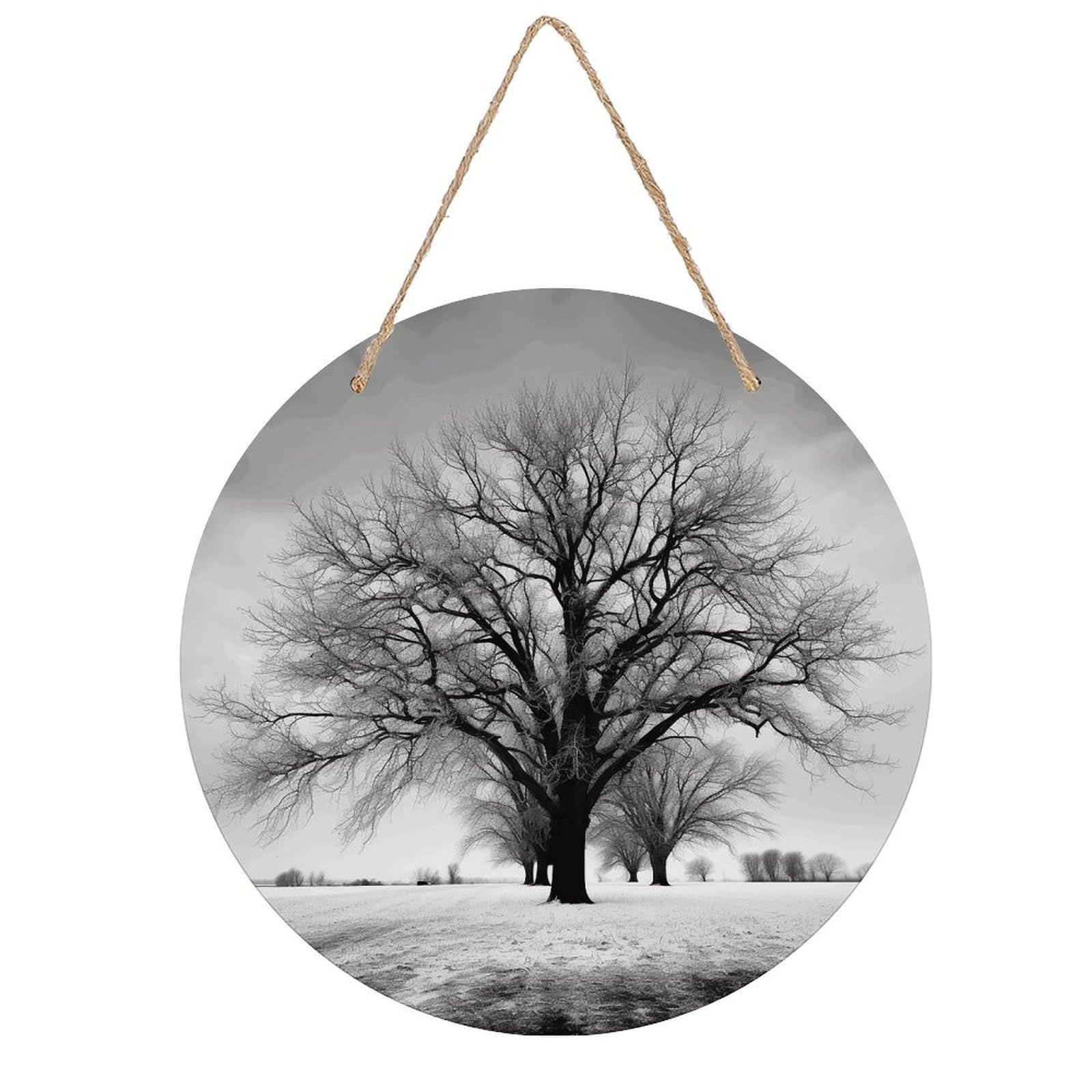 VstaDank Black And White Tree Wall Art Decor with Ropes Wooden Hanging Sign Hanging Wall Decor Artwork Round Wood Painting Modern Wall Prints Decor Picture for Office Bar Home Decors