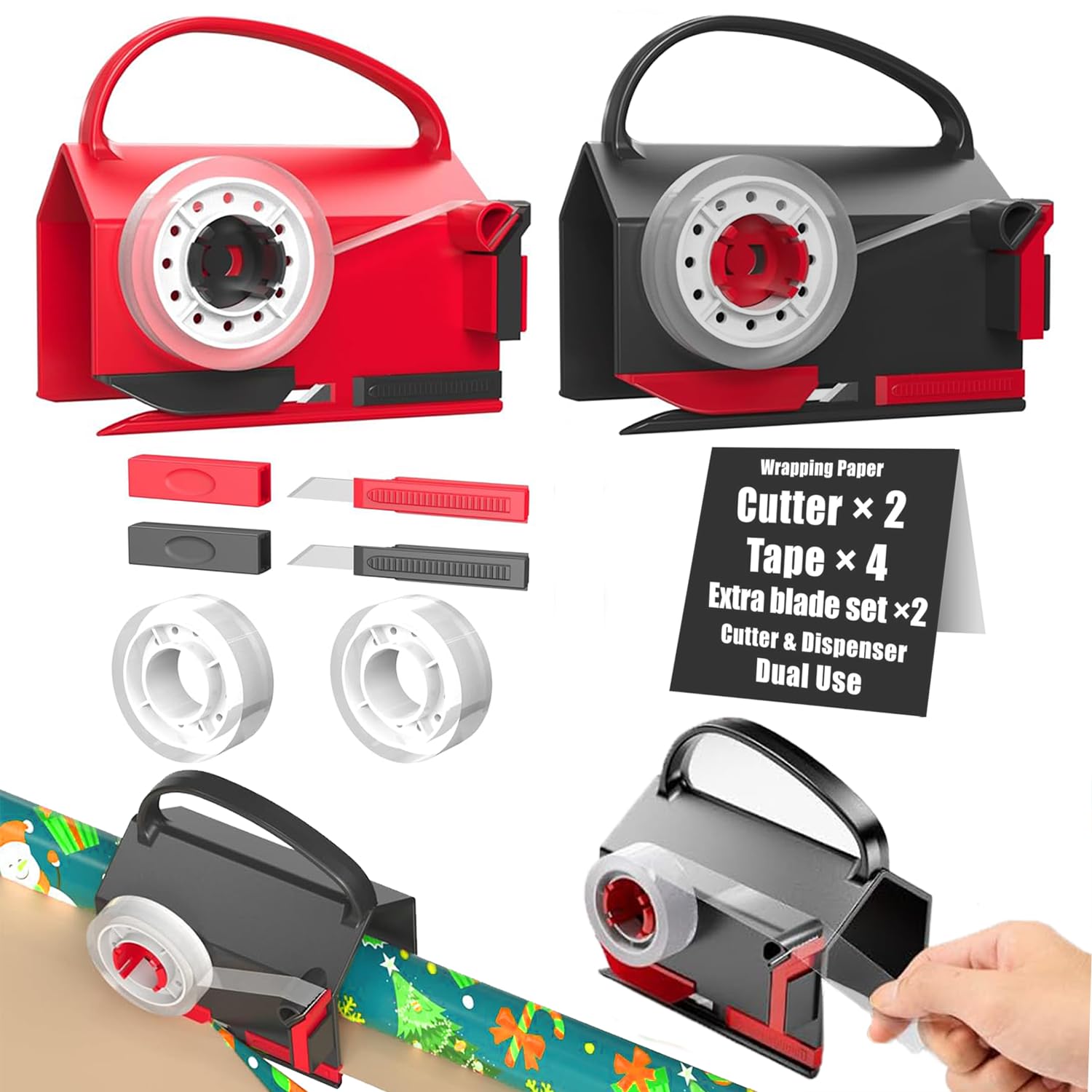2 Pcs Wrapping Paper Roll Cutter & Tape Dispenser Dual Use with 4 Tapes 2 Replace Blades Kit for Christmas Gift Wrap Tool Tube Sliding Slicing for Crafting Wrapping Paper Christmas Birthday Holiday