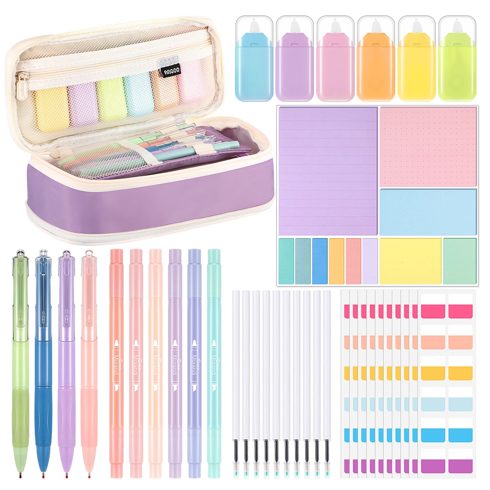 Janlaugh 38 Pcs Aesthetic College School Supplies with Pen Case Sticky Notes Gel Pens Highlighters Correction Tapes Back to School Stationery Kit(Candy Color,Cute)