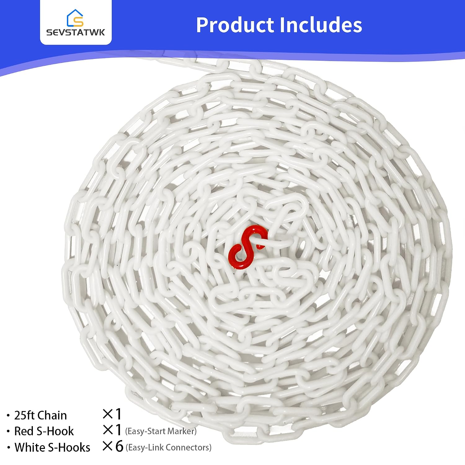 White Plastic Chain 25ft, 1.42" Link, High Visibility Plastic Chain Barrier for Crowd Control, Parking Lot, Driveway, Construction, Fence, Indoor & Outdoor (25ft)