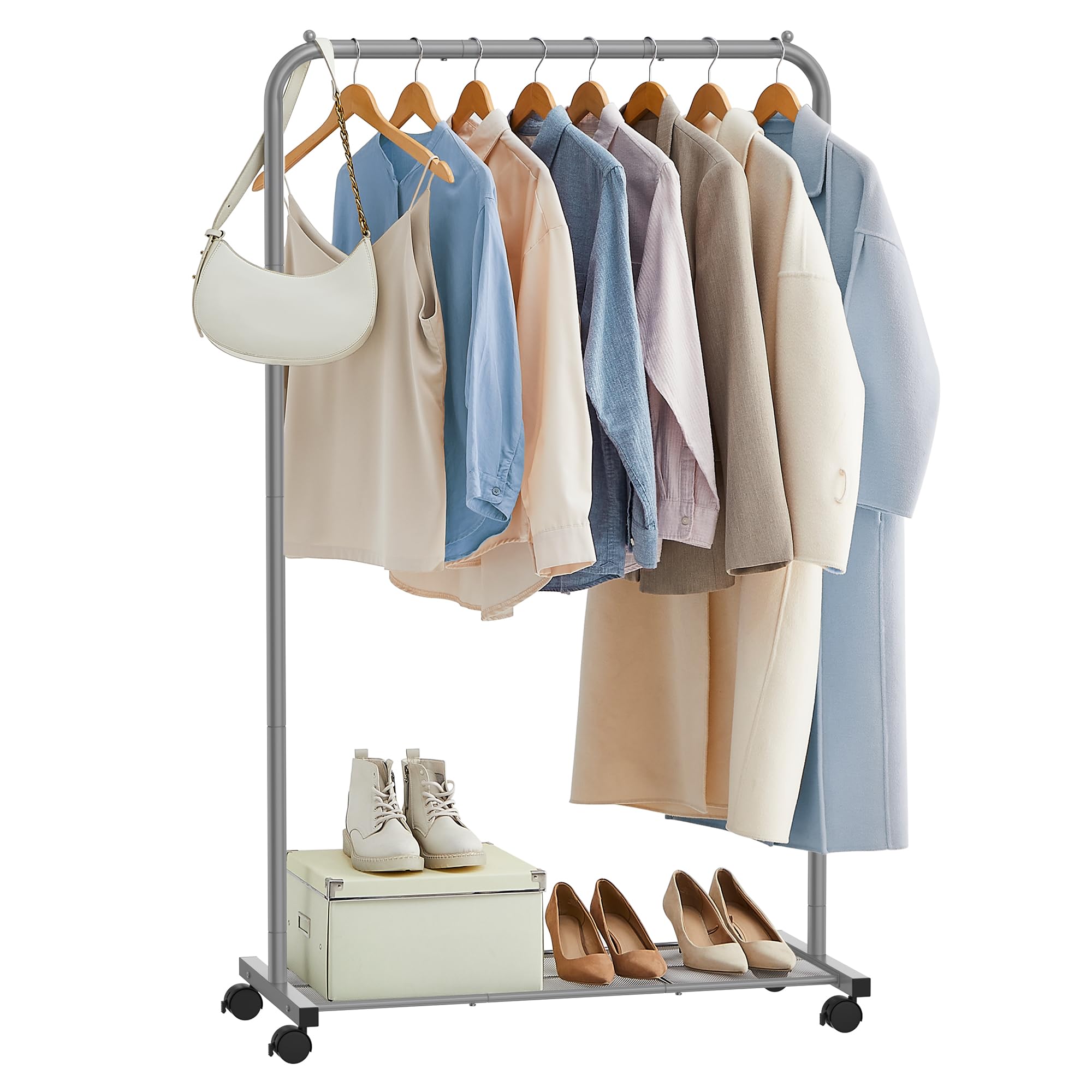 Metal Clothes Rack with Storage Shelf on Wheels, Grey