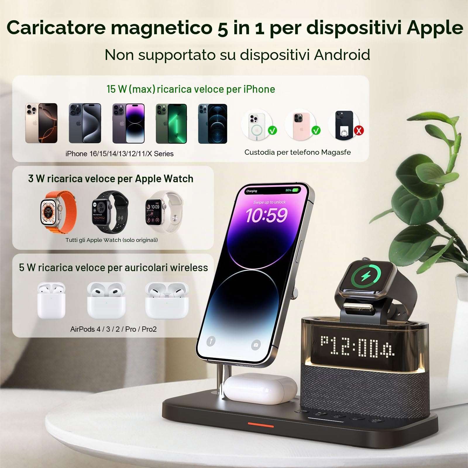 Caricabatterie wireless 5 in 1 con sveglia, stazione di ricarica wireless con luce notturna compatibile con iPhone 17 16 15 14 13 12 Pro Max, Apple Watch e auricolari con ricarica wireless (Nero)