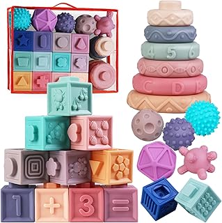 3 in 1 Montessori Toys for Babies 0-3-6-9-12 Months - Soft Baby Teething Toys - Stacking Building Blocks for Infants - Sensory Balls Developmental Education Toys for Toddlers