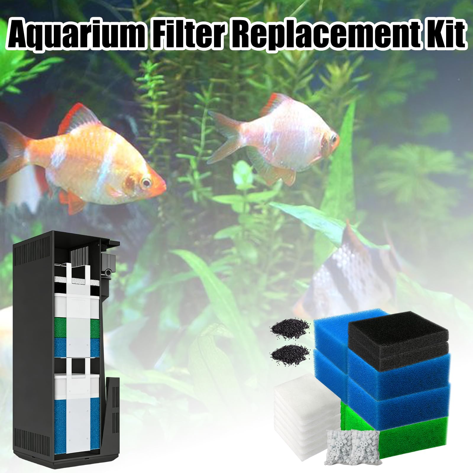 Set di filtri compatibili, kit per filtri per acquario, 6 spugne (2 blu fine, 2 blu grosso, 2 verdi), 6 lana filtrante, 2 spugne al carbonio attivo, 2 sacchetti di carbone attivo, 2 anelli in ceramica