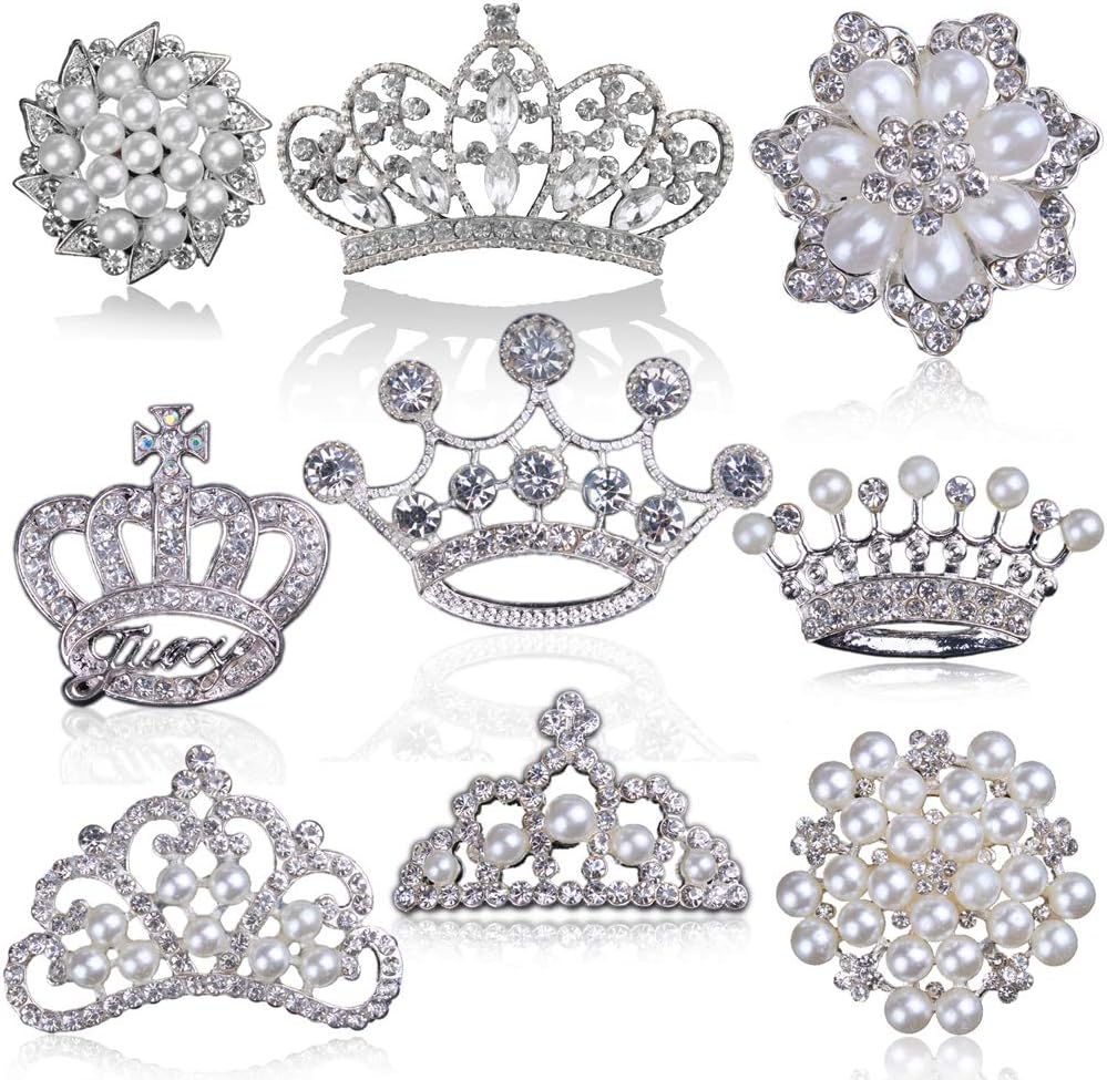 Rhinestone Pearl Embellishments, Big Flatback Rhinestone Buttons, for Pearl Brooch, Pearl Flower Crown Tiara for Wedding Party Home Decoration and DIY Crafts (Silver, Mixed 9 Styles, Pack of 9PCS)