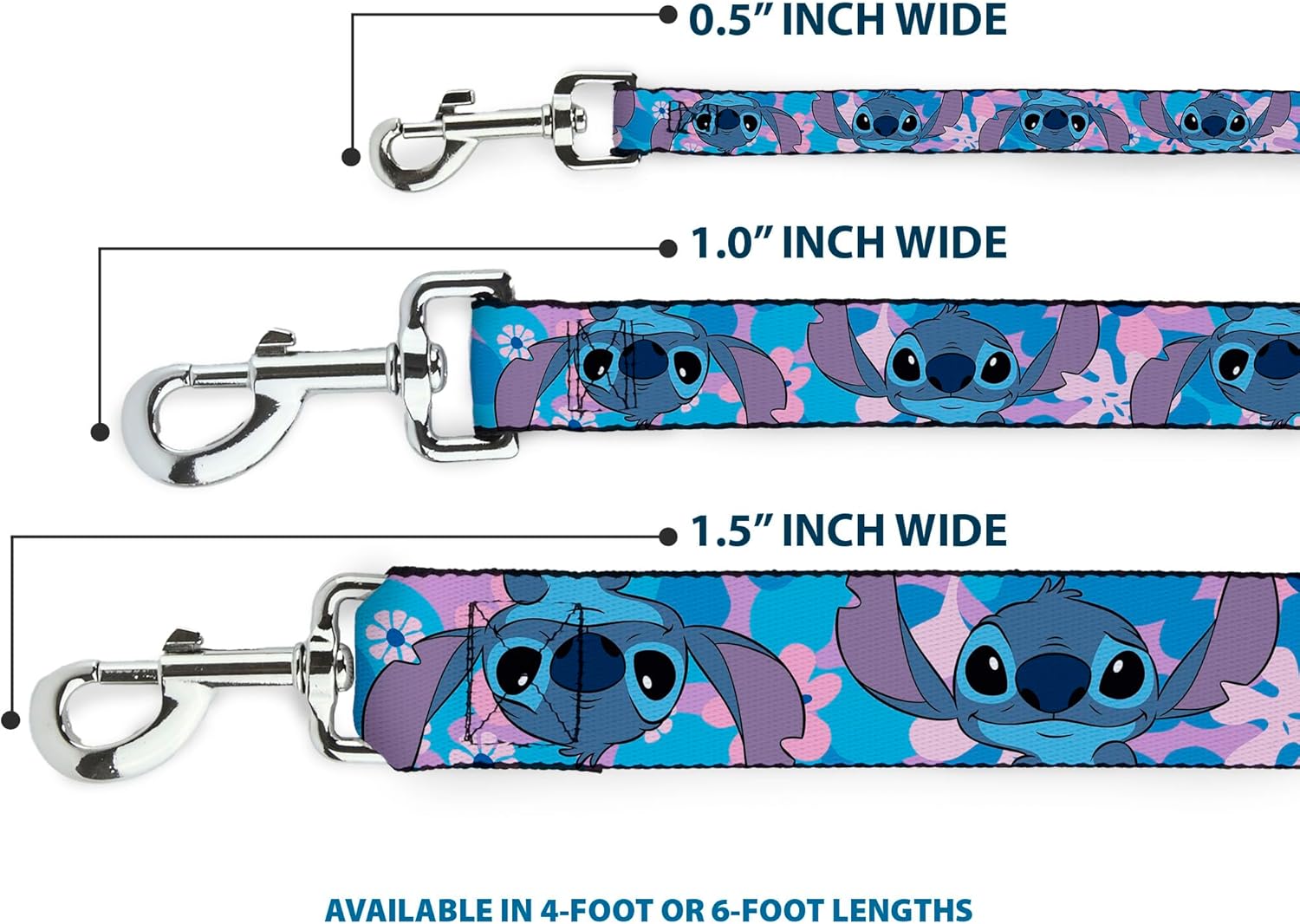 Disney Pet Leash, Dog Leash, Lilo and Stitch Stitch Flip Expressions Close Up Blues Pinks, 6 Feet Long 1.5 Inch Wide