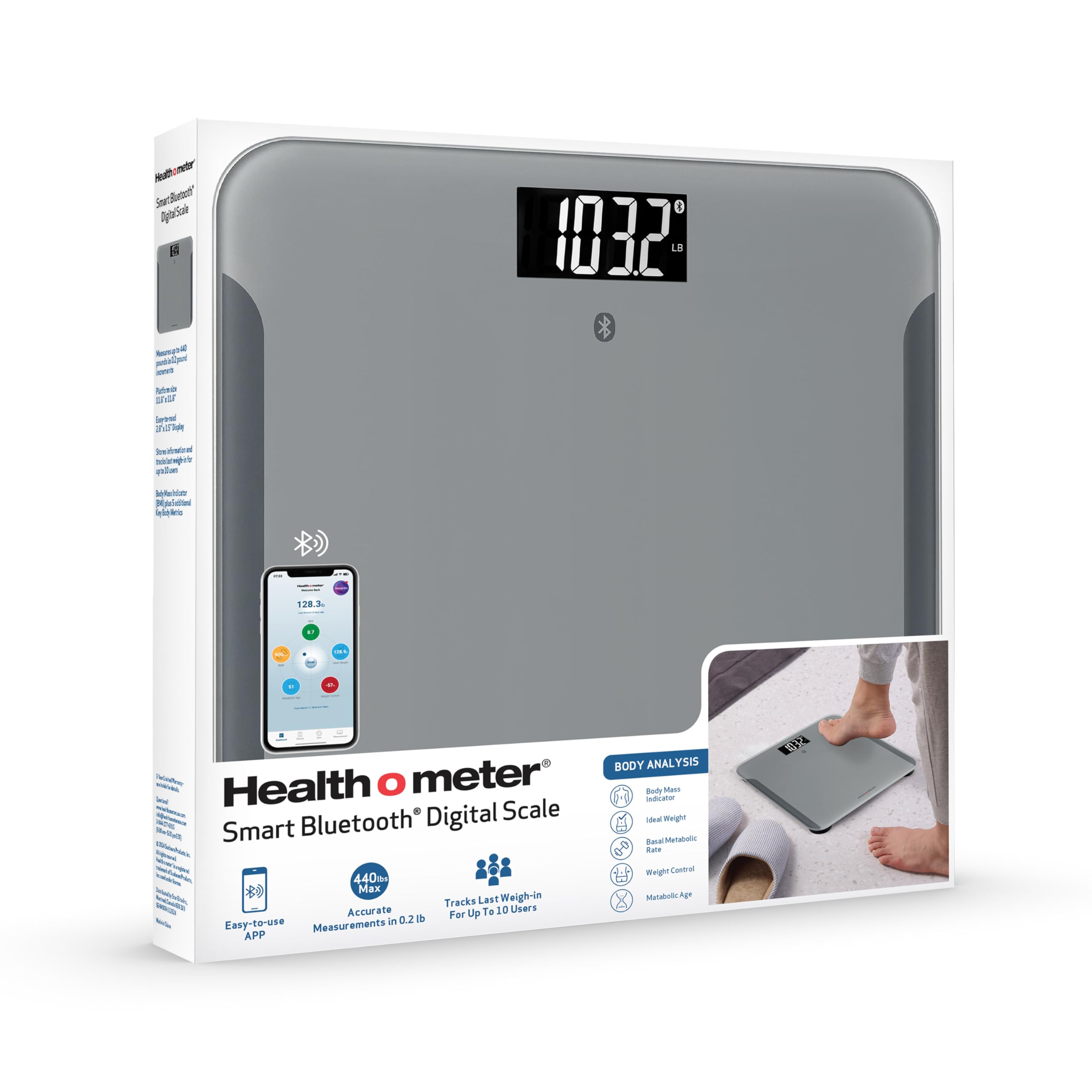 Health o meter Bilancia Bluetooth per la composizione corporea, tiene traccia del peso e dell'IMC, ad alta precisione, capacità di 400 libbre, display di facile lettura, design elegante, piedini