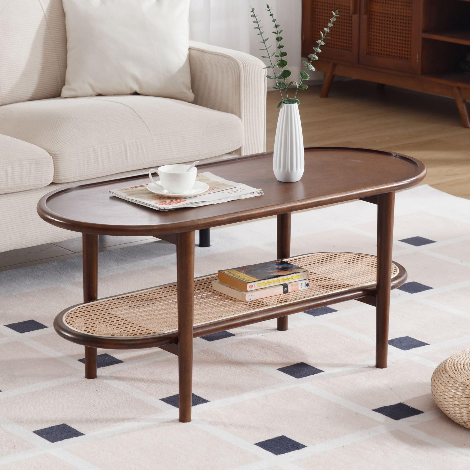Ya-Home Wood Frame Coffee Table with Rattan Shelf, Cocktail Snack Tea Center Table for Living Room/Bedroom/Office, Walnut