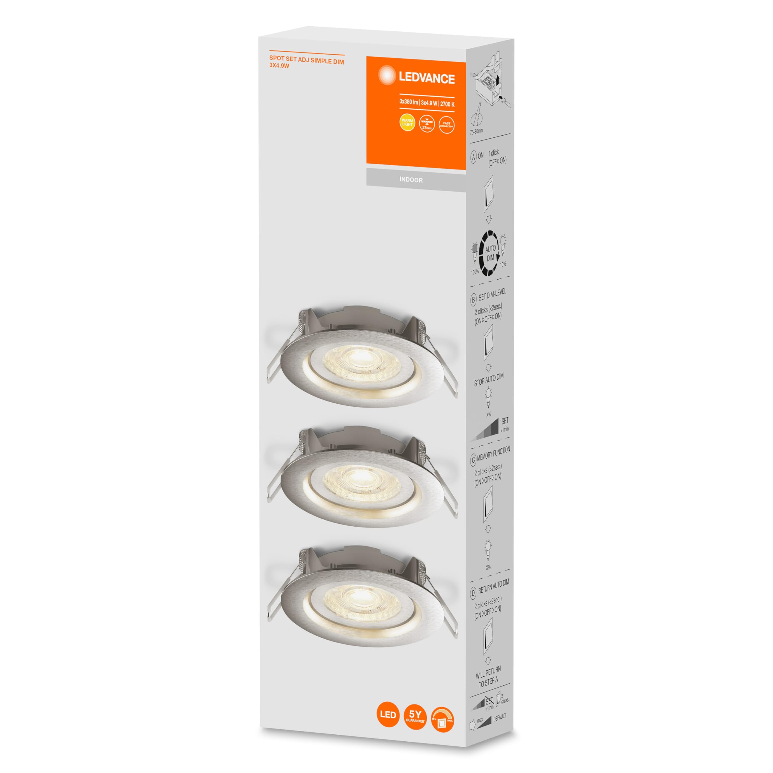 LEDVANCE Foco empotrable LED, luminaria para interiores, blanco cálido, regulable sin escalonamiento mediante interruptor de pared, gris, juego de puntos ADJ Simpe DIM