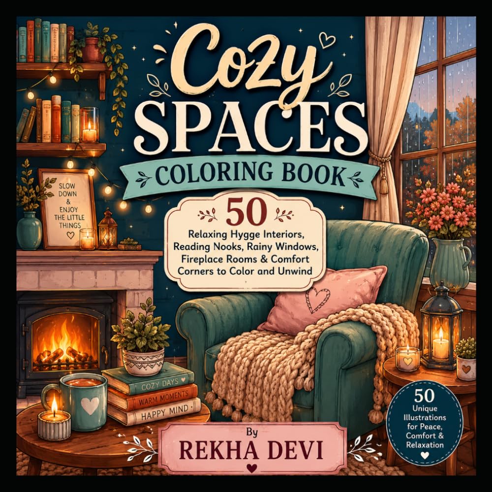 Cozy Spaces Coloring Book: 50 Relaxing Hygge Interiors, Reading Nooks, Rainy Windows, Fireplace Rooms & Comfort Corners to Color and Unwind (Creative Adventures for Kids)
