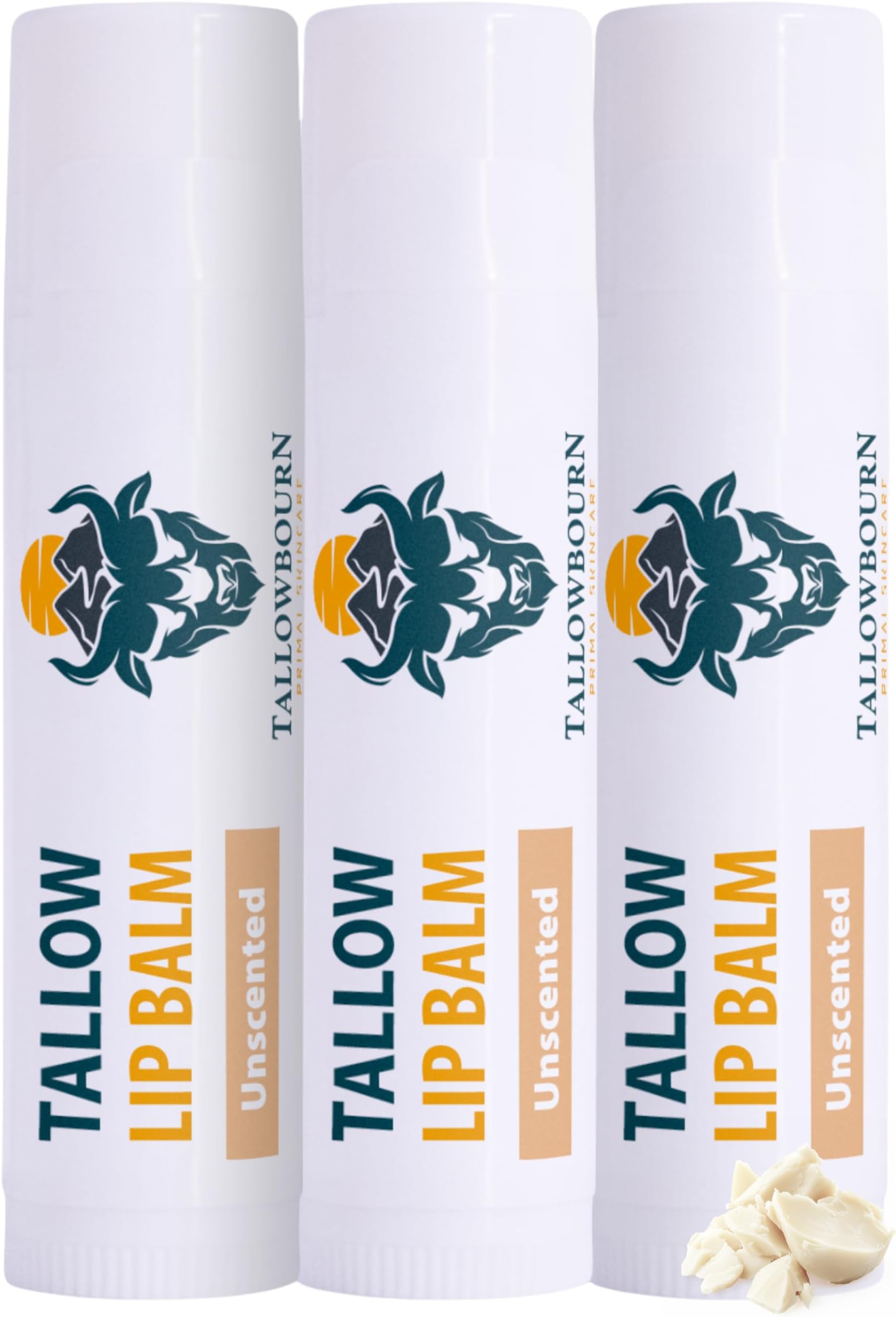 Moisturizing Tallow Lip Balm – Grass-Fed Beef Tallow with Organic Coconut Oil, Beeswax, and Vitamin E – Unscented Lip Balm Set – Travel Essential - 3-Pack