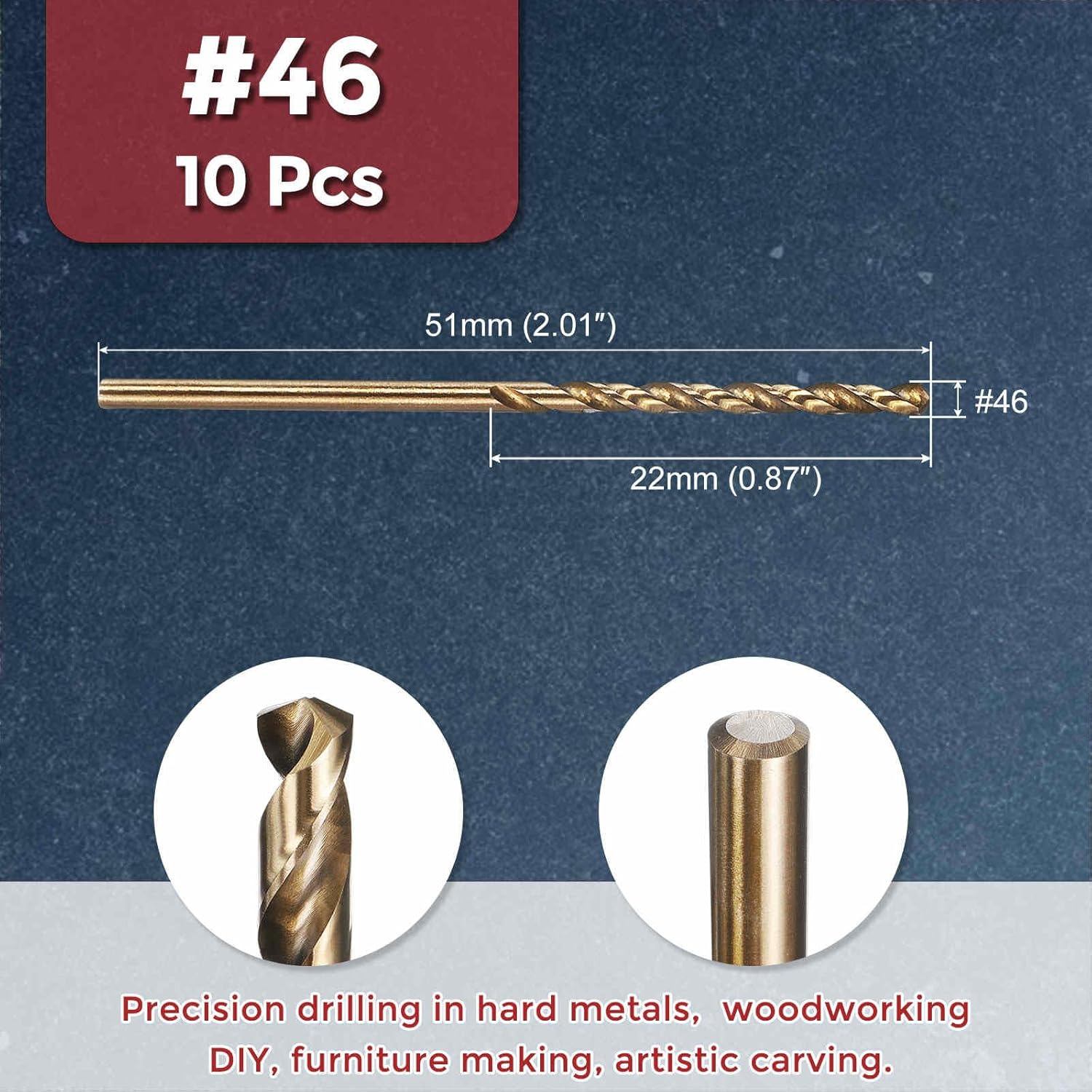 10pcs Micro Drill Bit - [#46 Diameter] 2.057mm 4341 HSS Cutting Tool for Machining Soft Metal Woodworking Handicraft Use, 118° Cutting Angle Gold