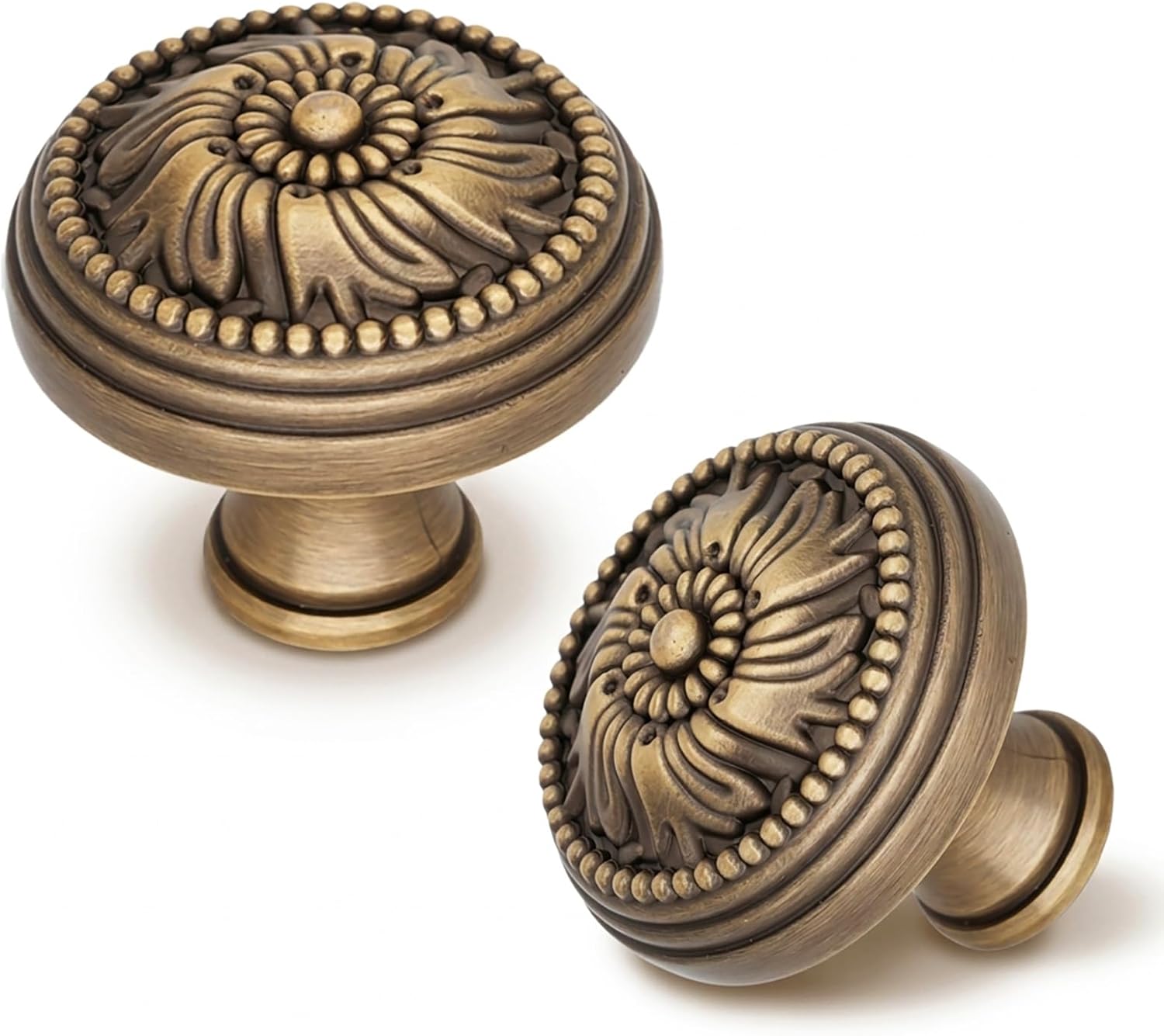 Antique Brass Cabinet Knobs 6PCS, Vintage Drawer Knobs Flower Carved, Classic Decorative Hardware for Rustic Dresser, Vanity, Nightstands, Kitchen, Old Furniture Refinishing