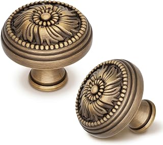 Antique Brass Cabinet Knobs 6PCS, Vintage Drawer Knobs Flower Carved, Classic Decorative Hardware for Rustic Dresser, Vanity, Nightstands, Kitchen, Old Furniture Refinishing