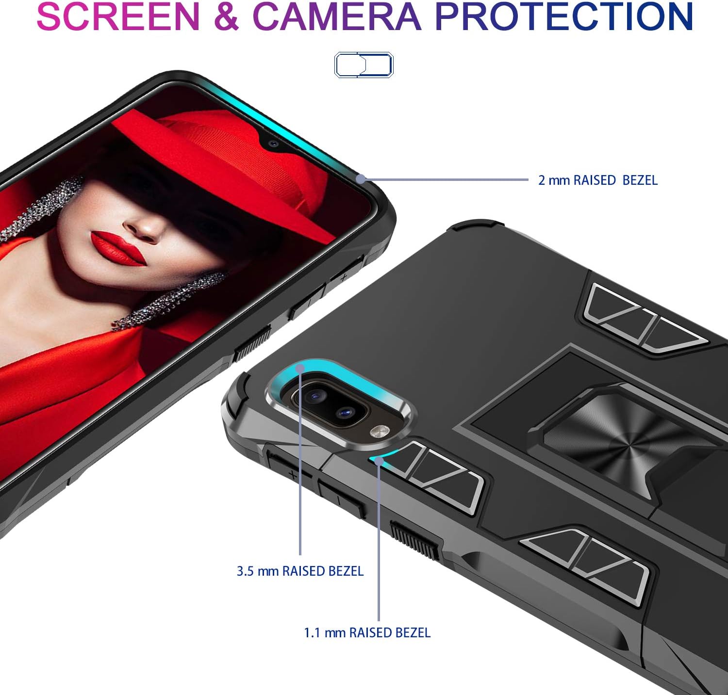 LeYi Compatible with Samsung A10E Case, Samsung Galaxy A10E Case with HD Screen Protector [1 Pack], Military-Grade Shockproof Built-in Kickstand Car Mount Women Case for Galaxy A10E, Black