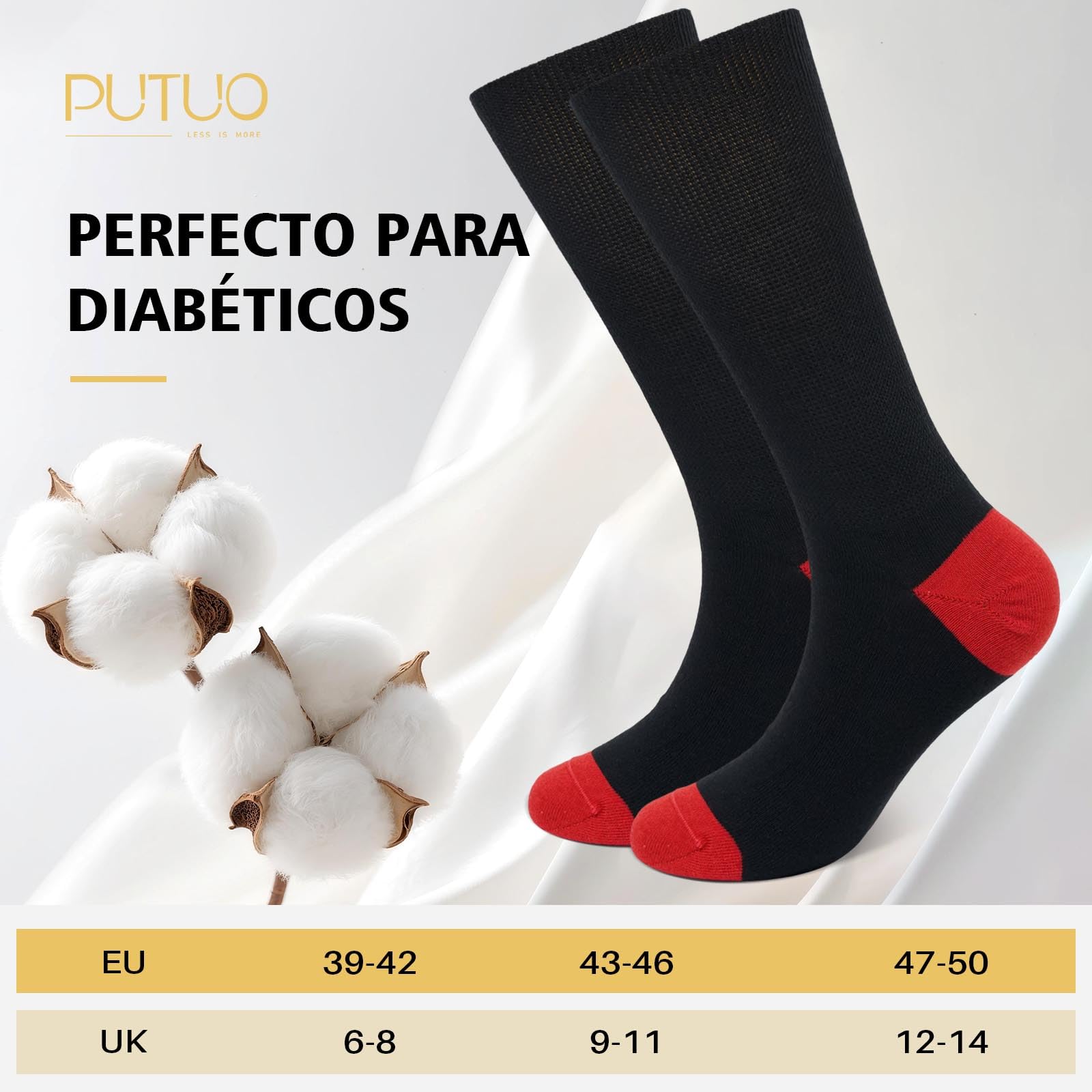 PUTUO Calcetines Diabeticos para Hombre Mujer: Calcetín sin Elastico y sin Costuras de Algodón para Hombres - Calcetines Extra Anchos para Pies Hinchados 6 pares — view 7
