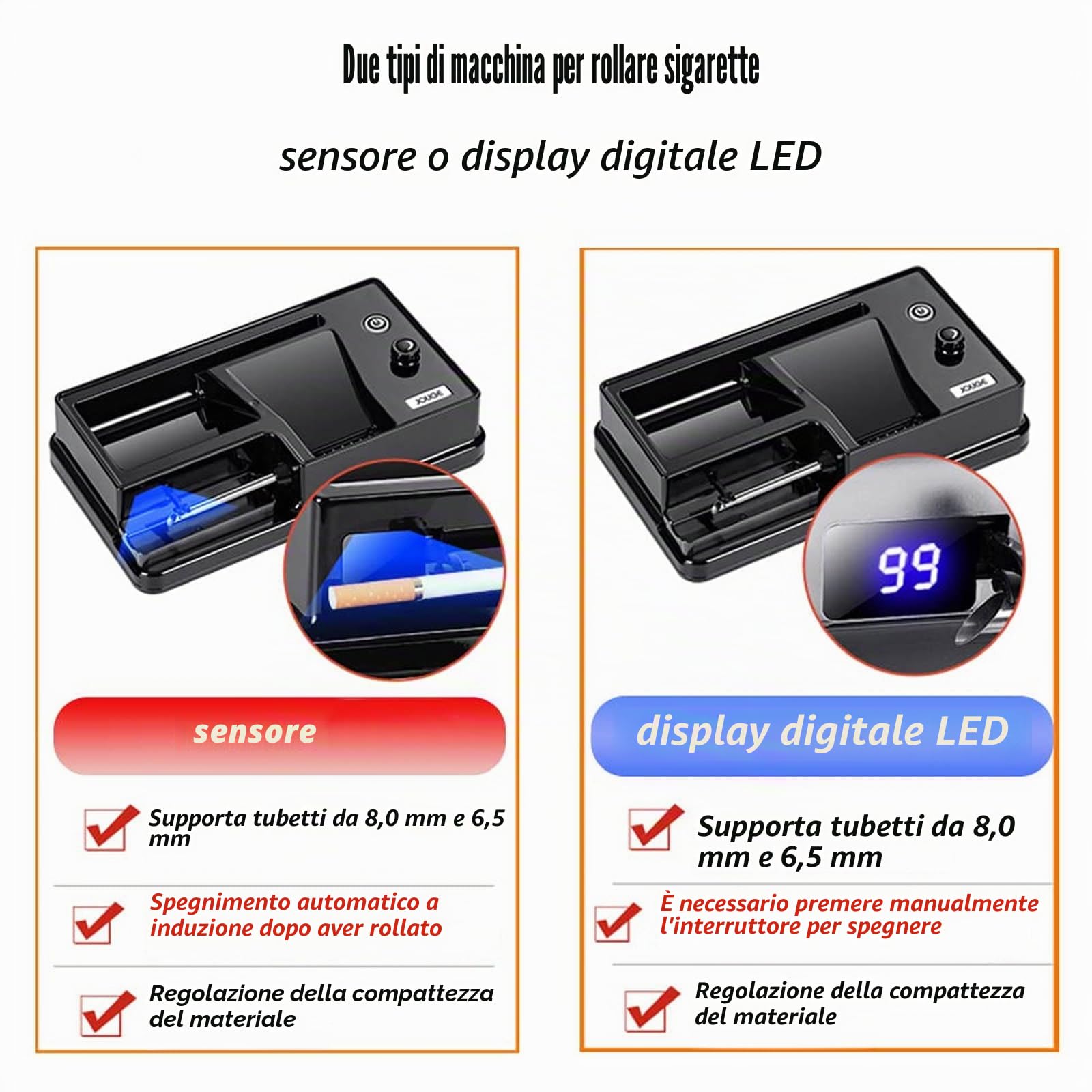 Macchinetta per Sigarette Elettrica, Macchinetta Riempitubi Elettrica Macchina Sensore Intelligente o Display Digitale a LED 6,5 mm/8 mm Black Digital Display