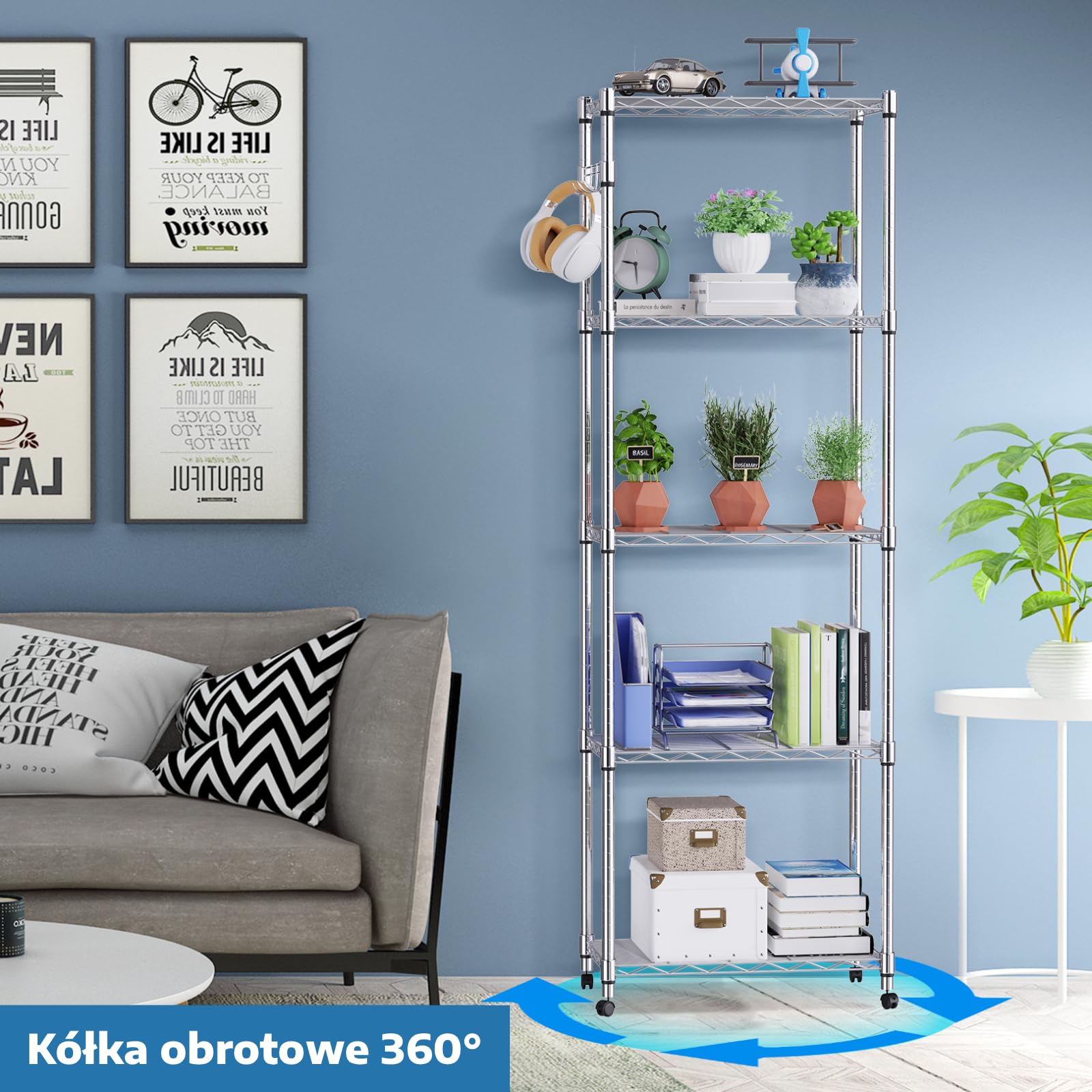 Regał Kuchenny Półki Wózek Kuchenny Regał na Kółkach Metalowy Jezdny z Chromowanego Metalu Stal 5 Półek z Kółkami L59 x S35 x W183cm, Srebrny