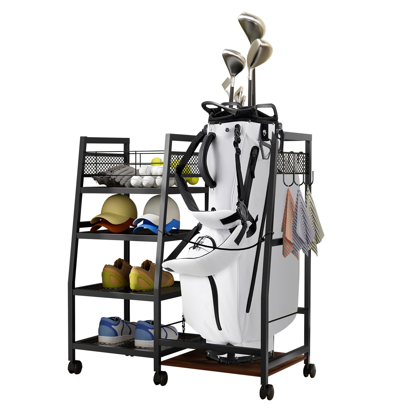 【UPDATE】 Golf Storage Rack - Golf Bag Stand Rack,Golf Club Organisers Extra Large,Golf Bag Organiser with Universal Wheels and Removable Hooks, All-in-1 Golf Garage Organizer for Golf Clubs