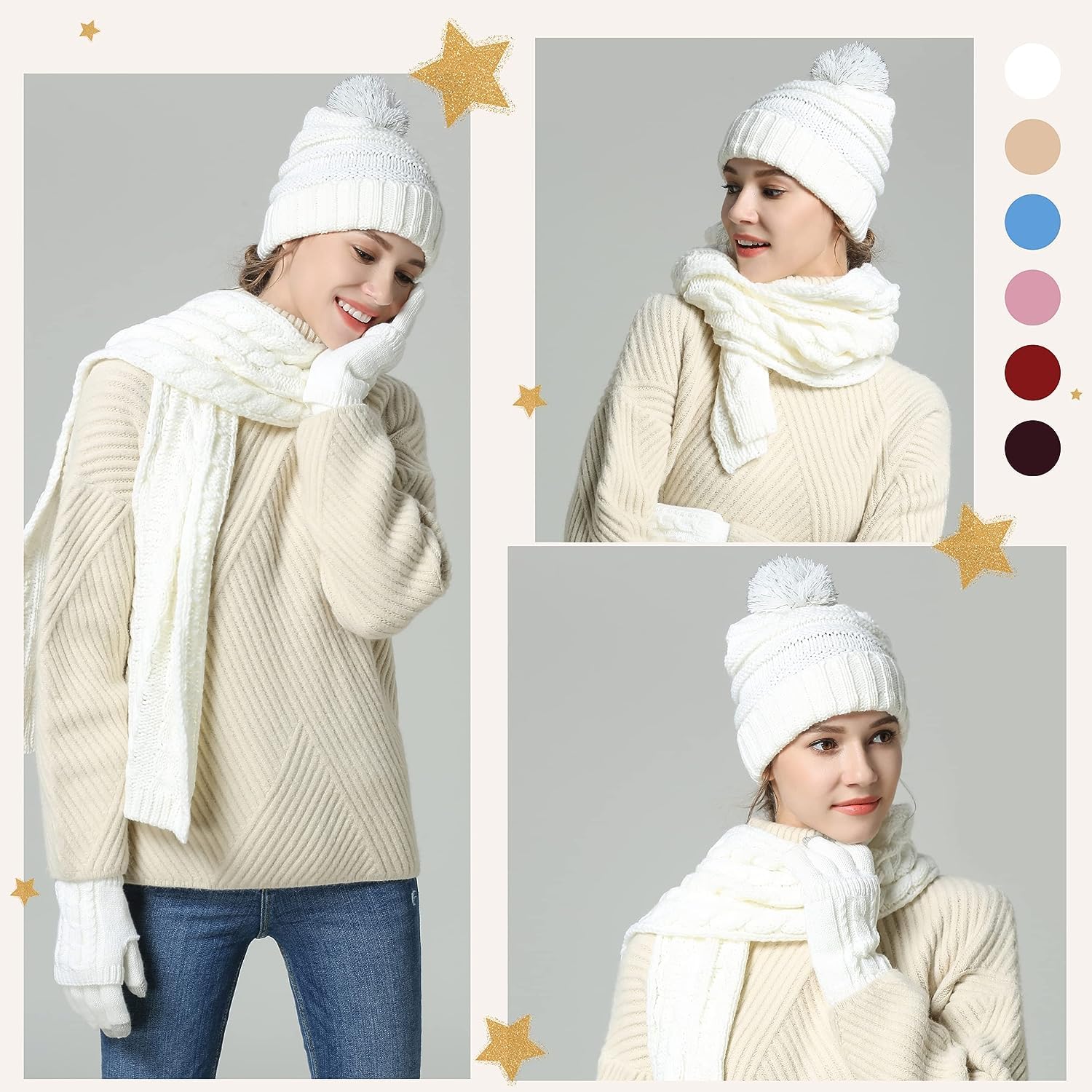 OROOTL Mütze, Schal & Handschuh Sets für Damen Winter, Touchscreen-Handschuhe Bommelmütze Handschuh Gestrickt Beanie Schnee Hut Warme Winterset 3 IN 1 für Mädchen, Frauen