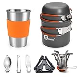 Odoland Camping Cookware Stove Carabiner Canister Stand Tripod and Stainless Steel Cup, Tank Bracket, Fork Spoon Kit for Backpacking, Outdoor Camping Hiking and Picnic Orange
