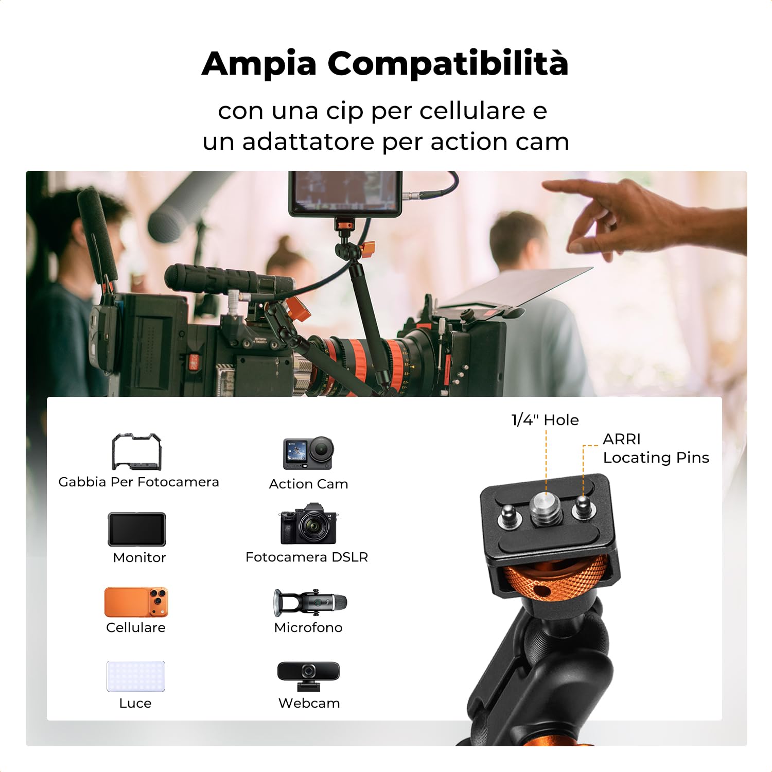 K&F CONCEPT Braccio Magico Flessibile da 22 Pollici con Vite 1/4", Supporto Webcam e Fotocamera da Scrivania, Braccio Articolato per Streaming, Microfono, Luce LED e Action Cam