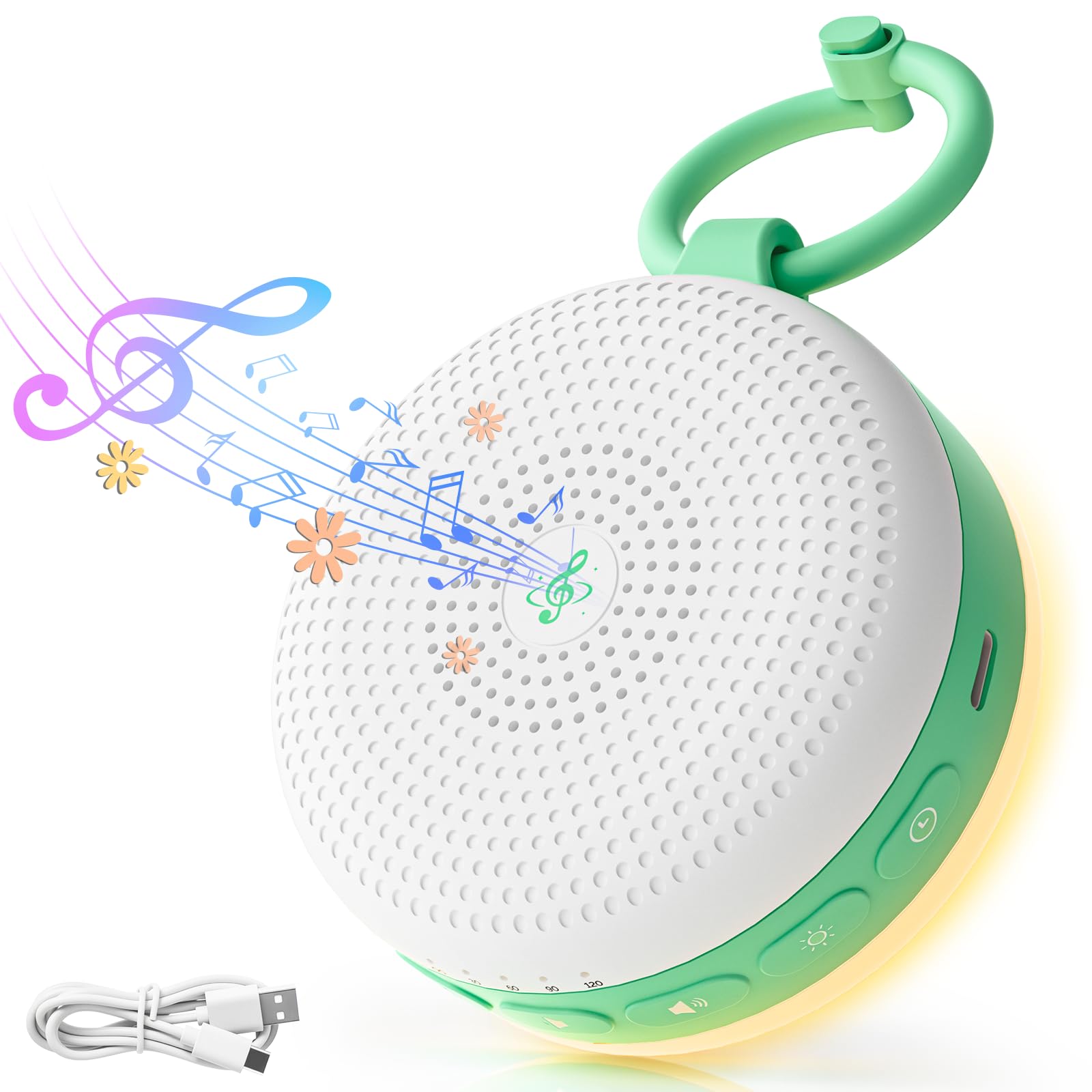 White Noise Machine Baby mit Nachtlicht, einschlafmusik mit 30 Sounds, Weißes Rauschen Gerät für Neugeborene, USB-Akku, tragbare Soundmaschine mit Timer & Memory für Reise & Kinderwagen