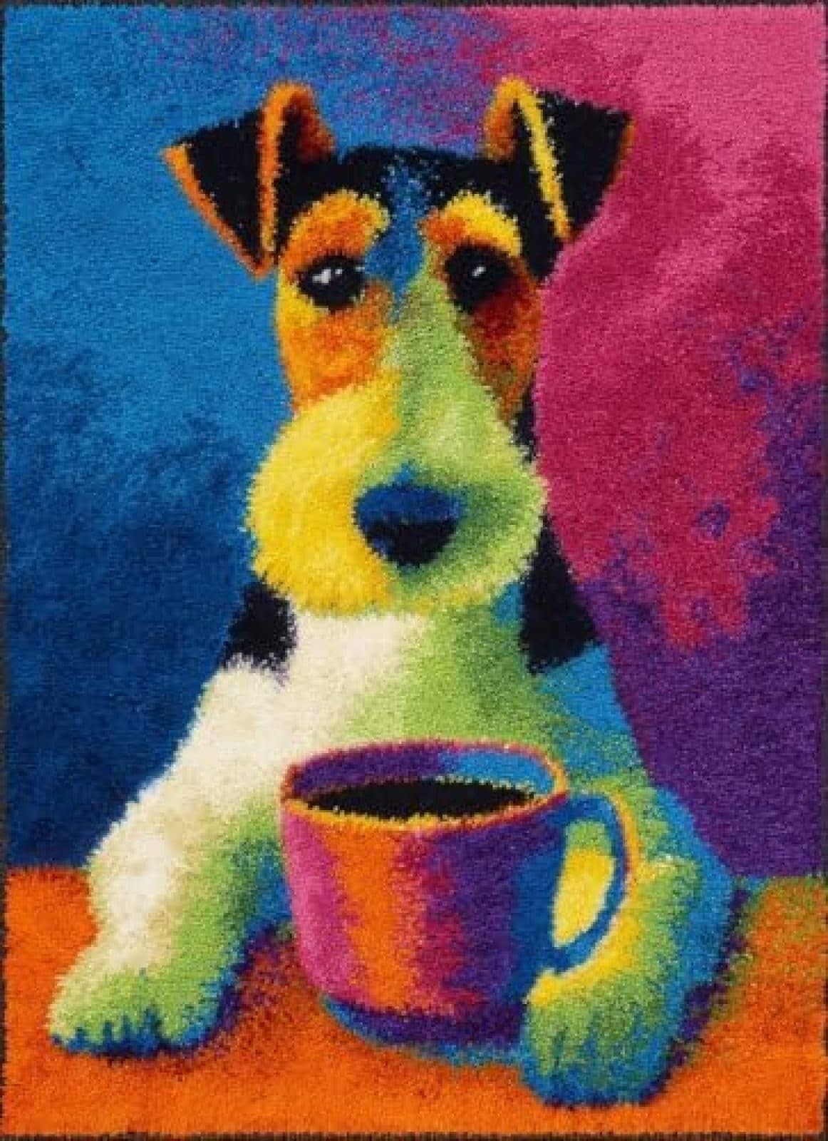 XDEGHUANGSS Latch Hook Rug Kit Fox Terrier Dog Puppy Drink Coffee Cushion Cover DIY Craft Set Pre-Printed Mat 38x52cm for Home Decor